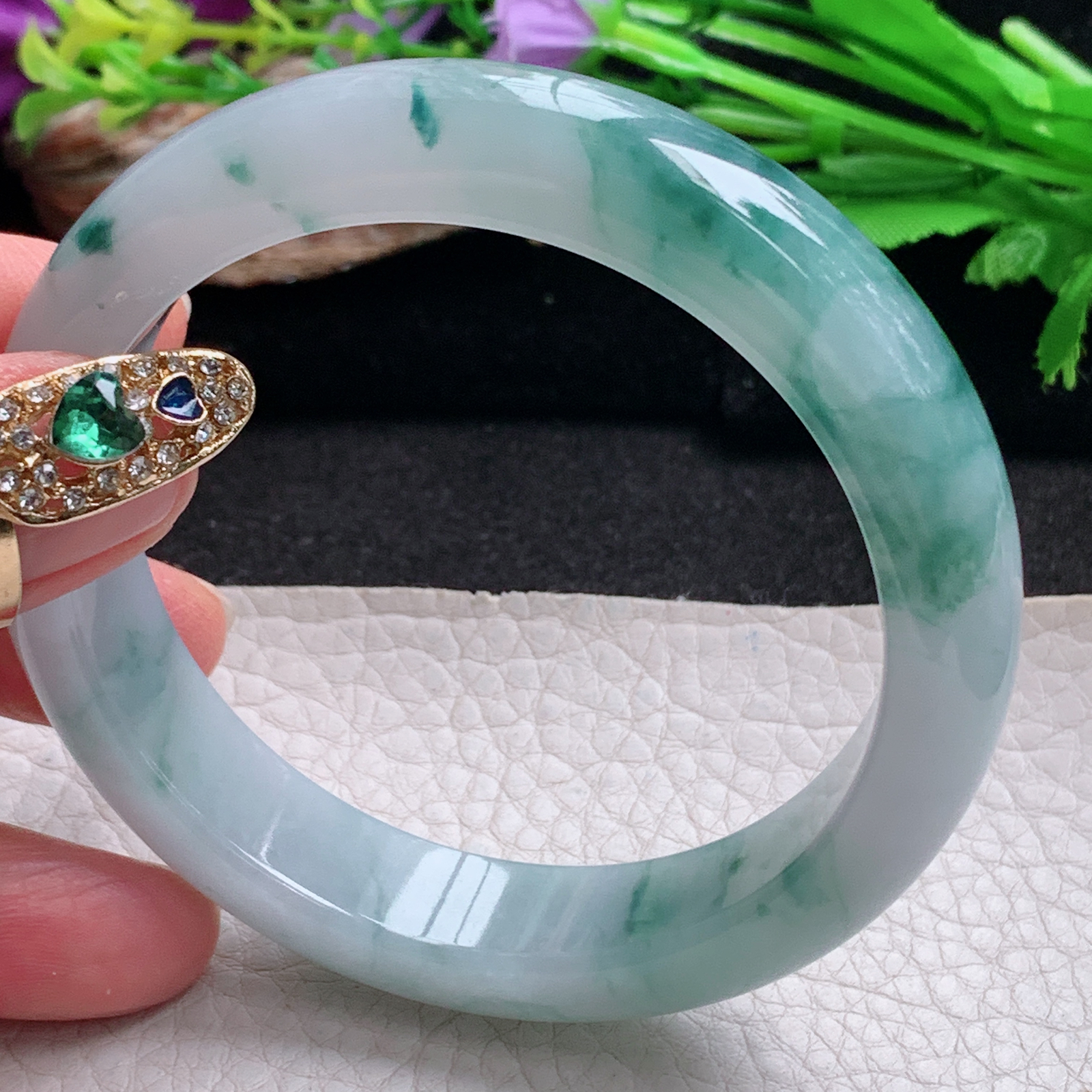 xc实拍58.5*13.5*8.3平安镯 天然翡翠a货手镯冰飘花正圈是大气玉镯子