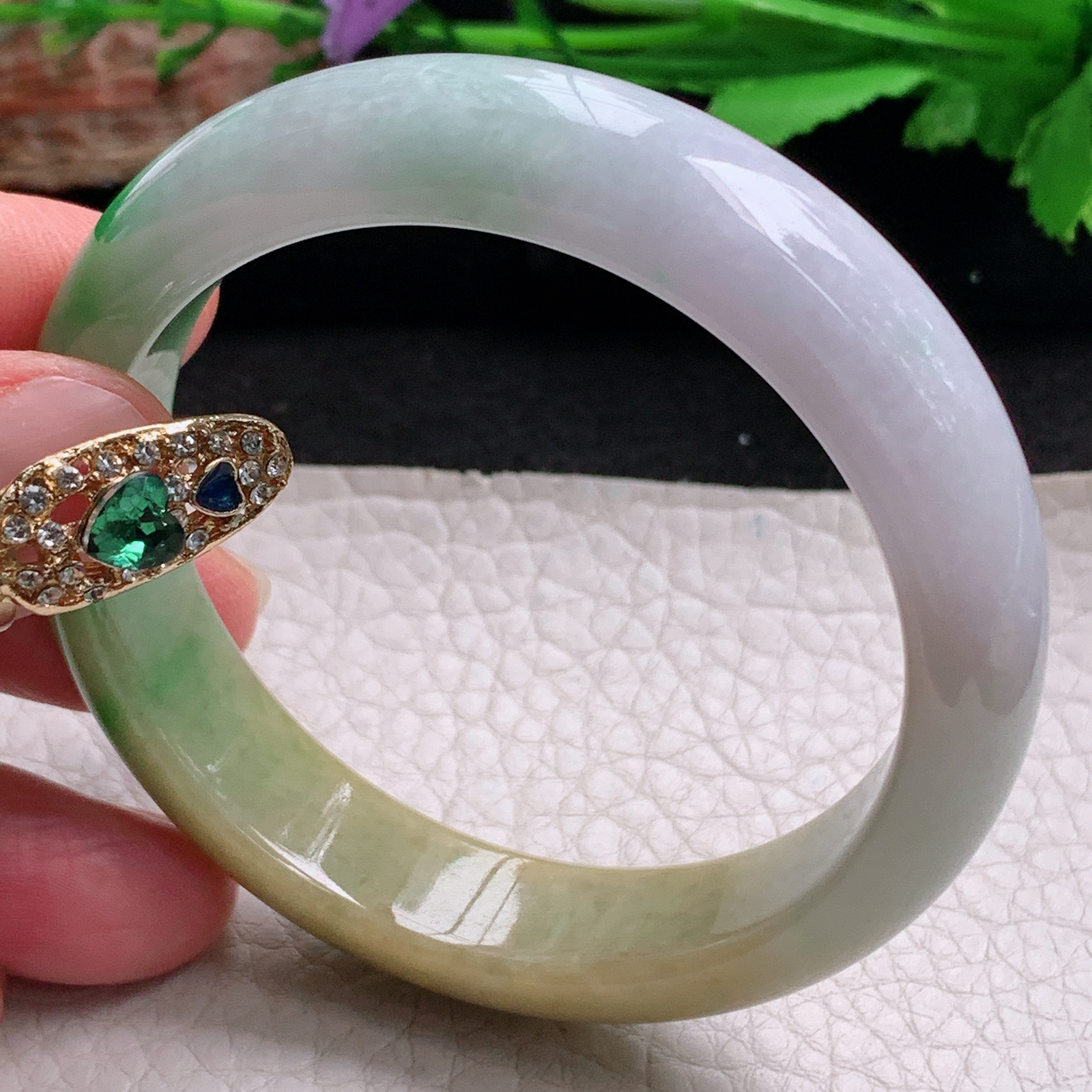 hh实拍53*13.3*7.5平安镯 天然翡翠a货手镯水润三彩正圈玉镯子