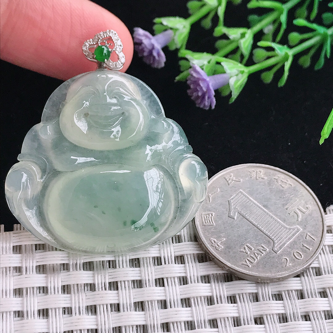 实拍A货翡翠34/36.6/6.6老坑18k金镶嵌冰晴飘花佛公吊坠翡翠玉挂件