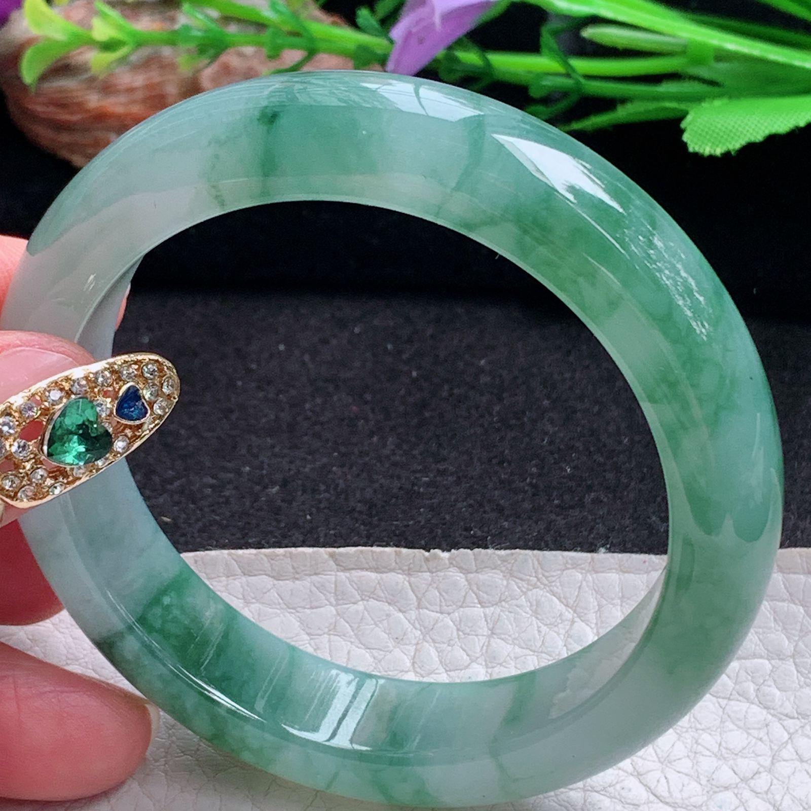 ax实拍56*13.8*8.6平安镯 天然翡翠a货手镯冰飘花厚装大气正圈玉镯子