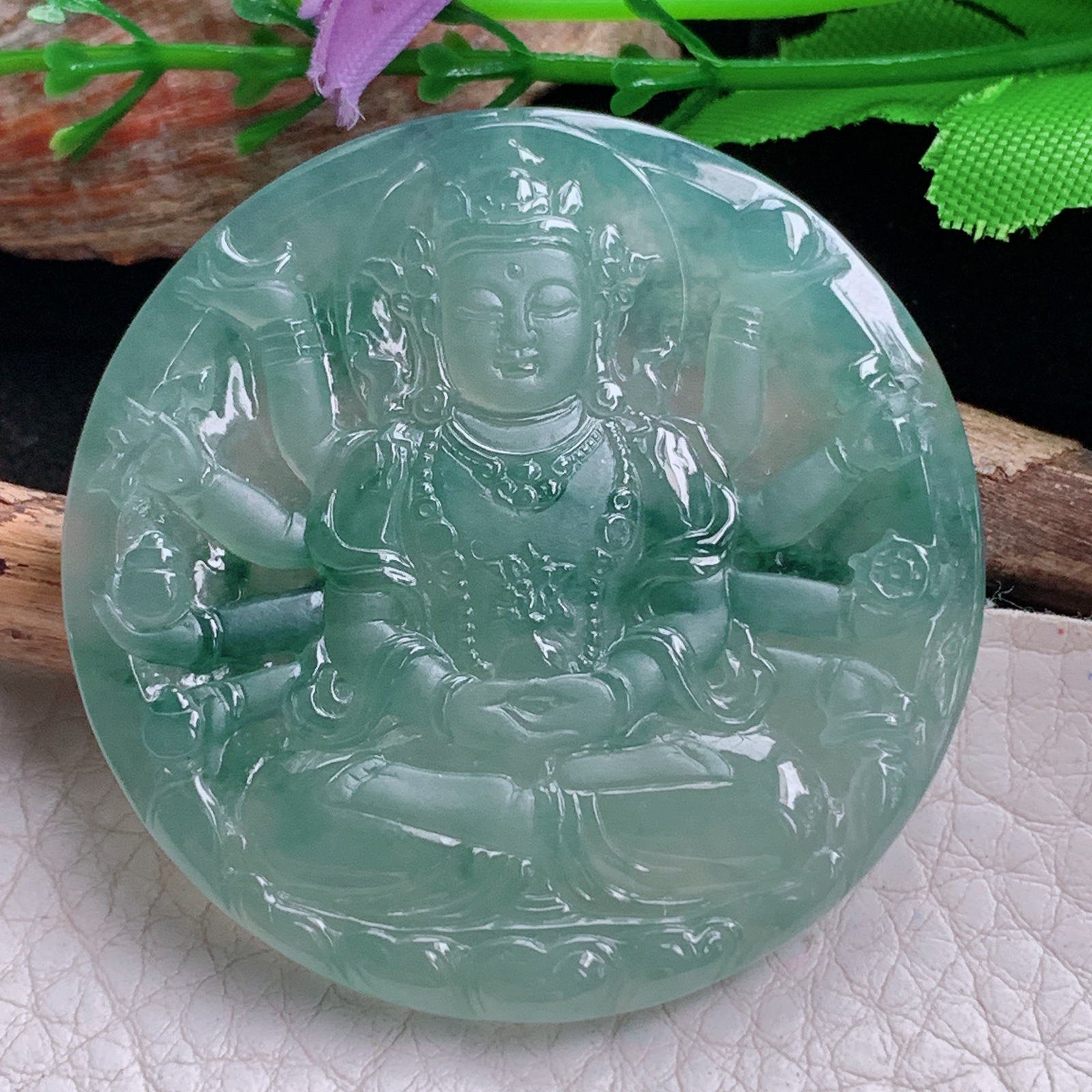 ktj实拍49.8*5.6天然缅甸翡翠冰飘花千手观音 玉观音圆牌玉吊坠 玉挂件