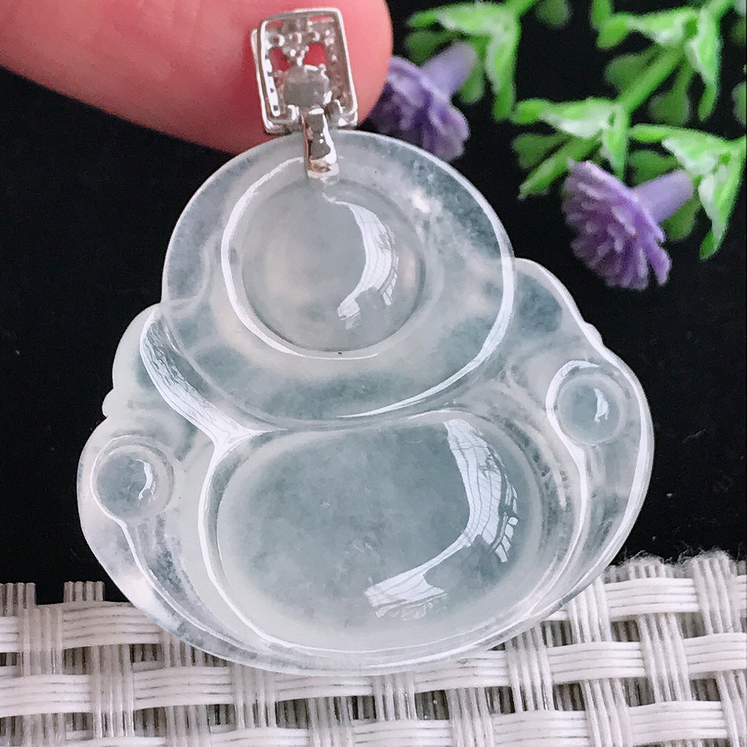 实拍A货翡翠32.6/34.9/6.8老坑18k金镶嵌冰种佛公吊坠翡翠玉佛挂件