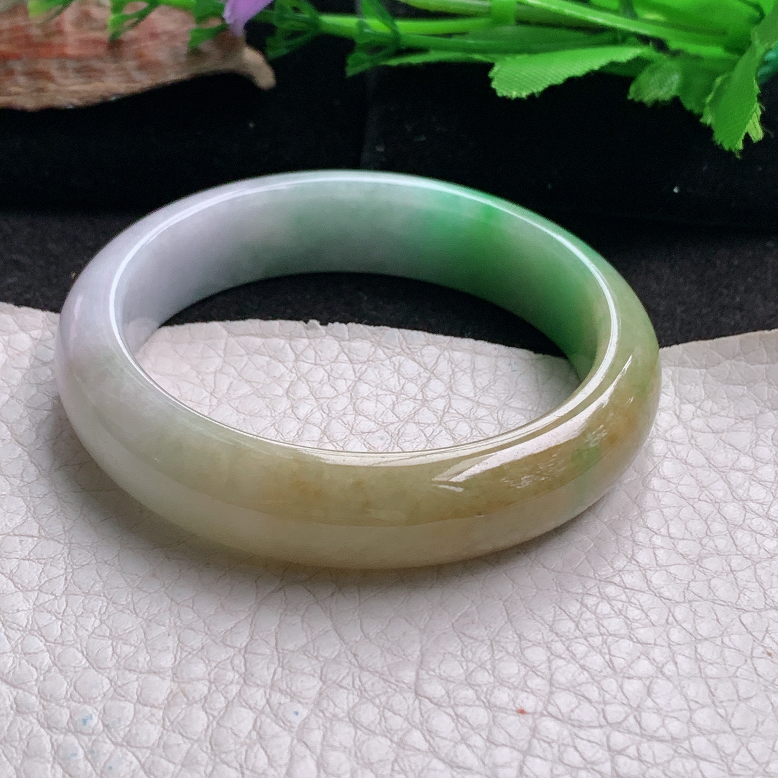 hh实拍53*13.3*7.5平安镯 天然翡翠a货手镯水润三彩正圈玉镯子