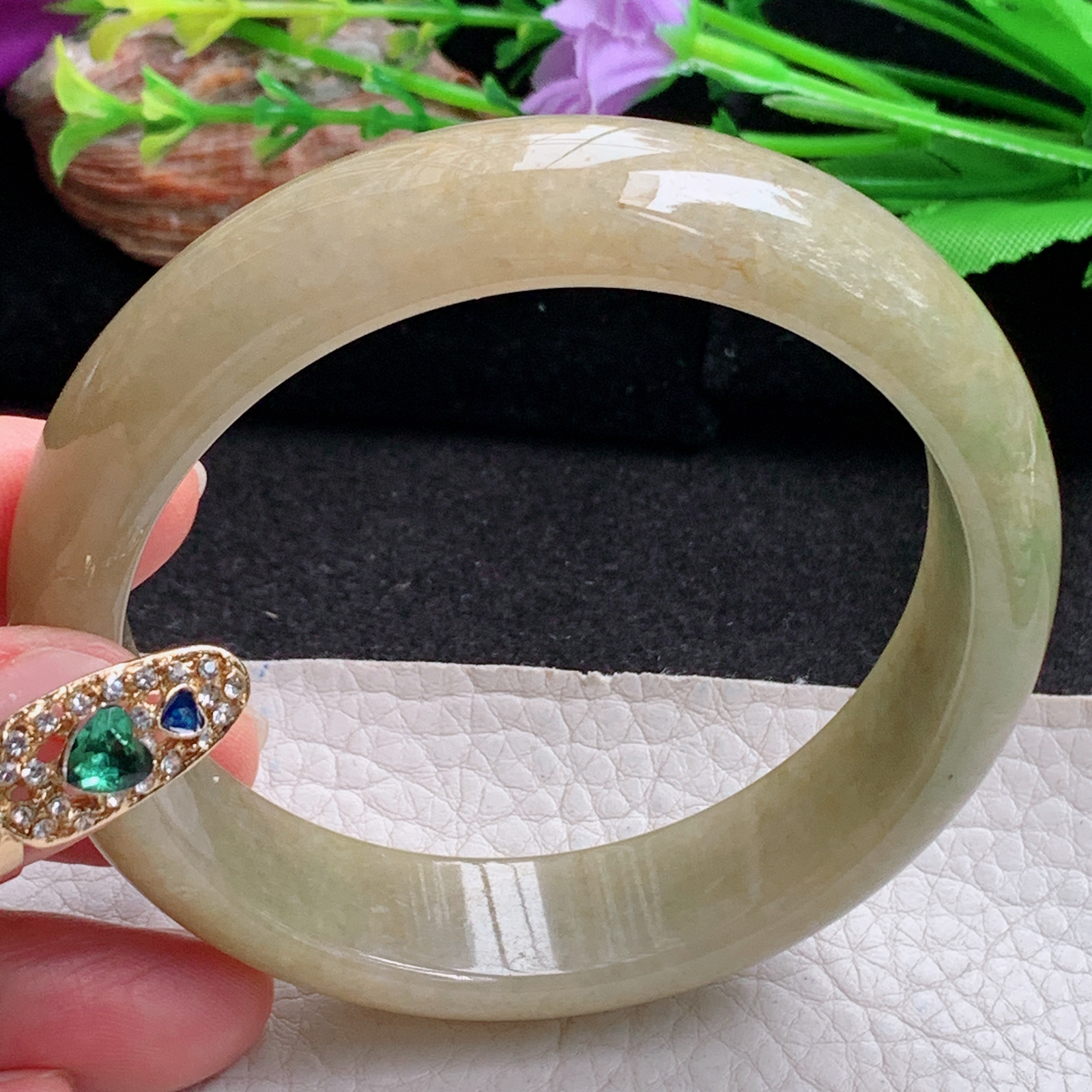 n大圈口61*15.5*8平安镯 天然翡翠a货手镯黄加绿正圈玉镯子