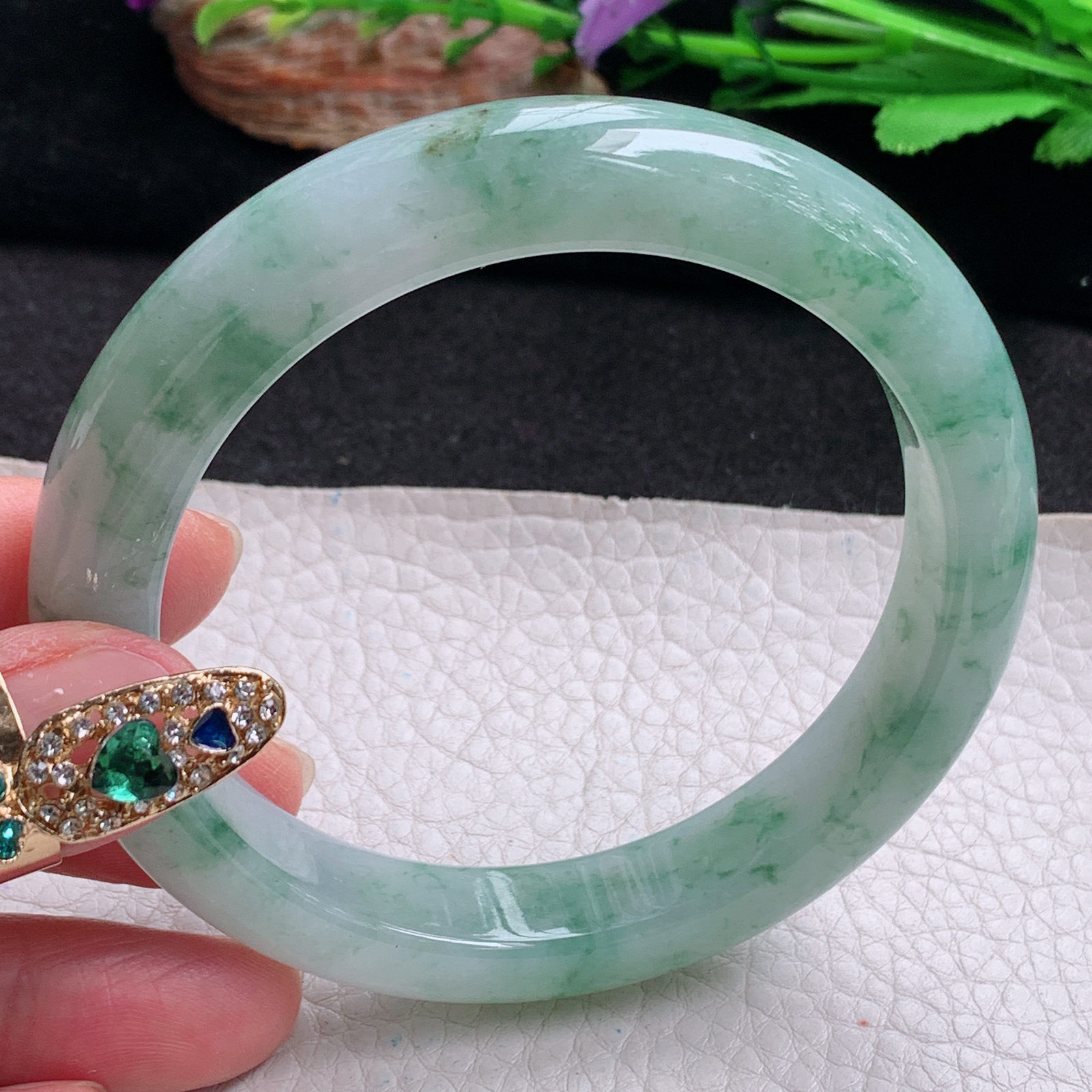 yh大圈口61.5*12*9.6平安镯 天然翡翠a货手镯冰飘花正圈玉镯子