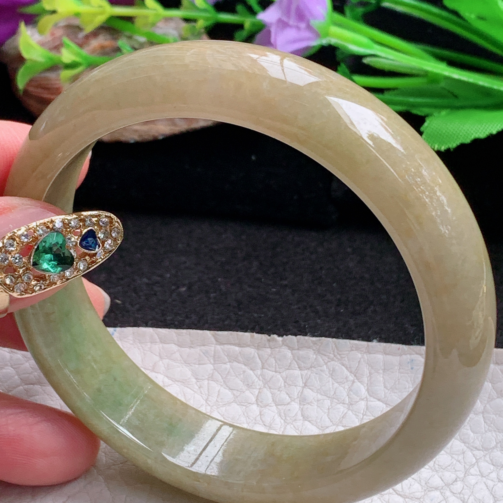 n大圈口61*15.5*8平安镯 天然翡翠a货手镯黄加绿正圈玉镯子