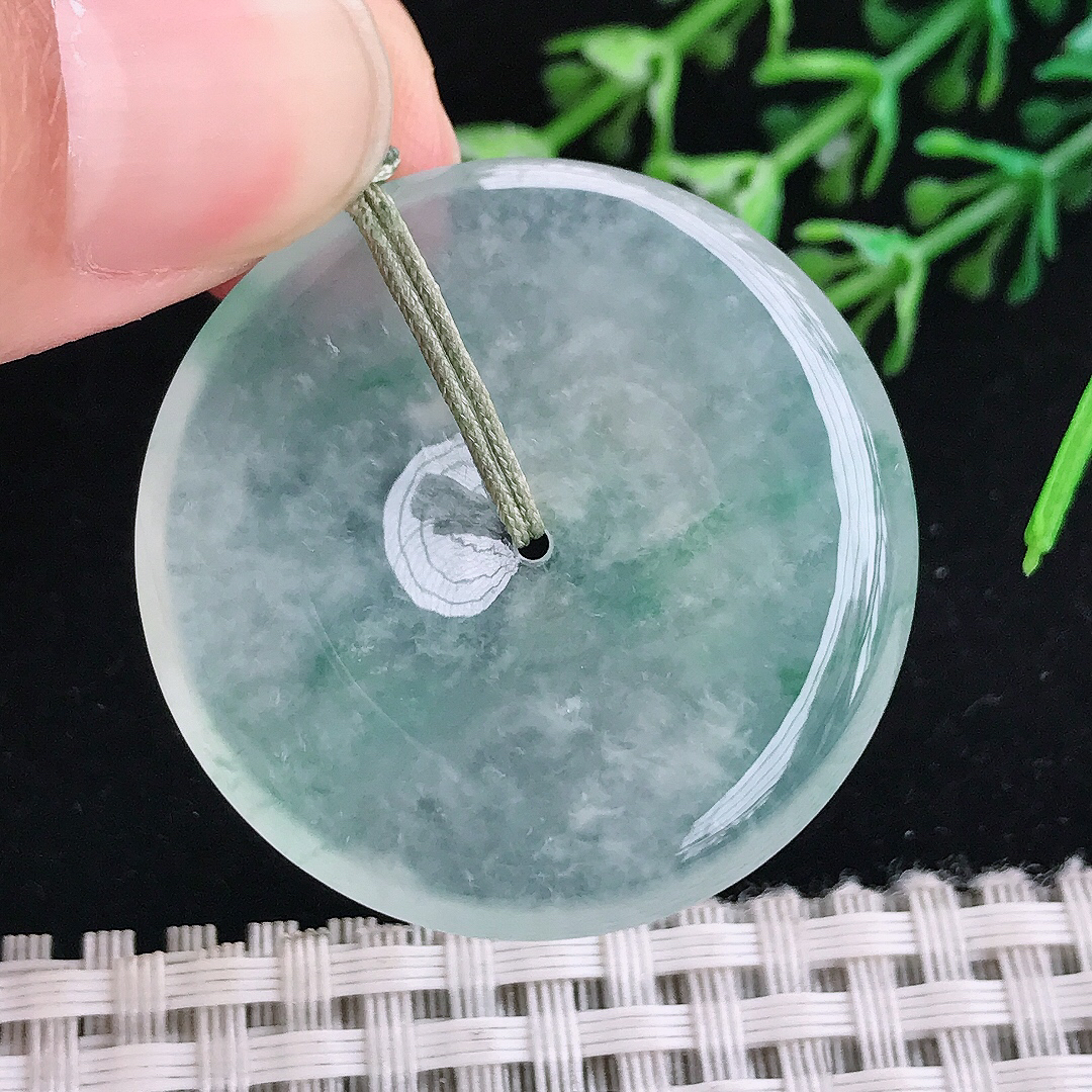 实拍A货翡翠35.5/5.9老坑冰种果冻胶冰飘花平安扣吊坠翡翠玉挂件