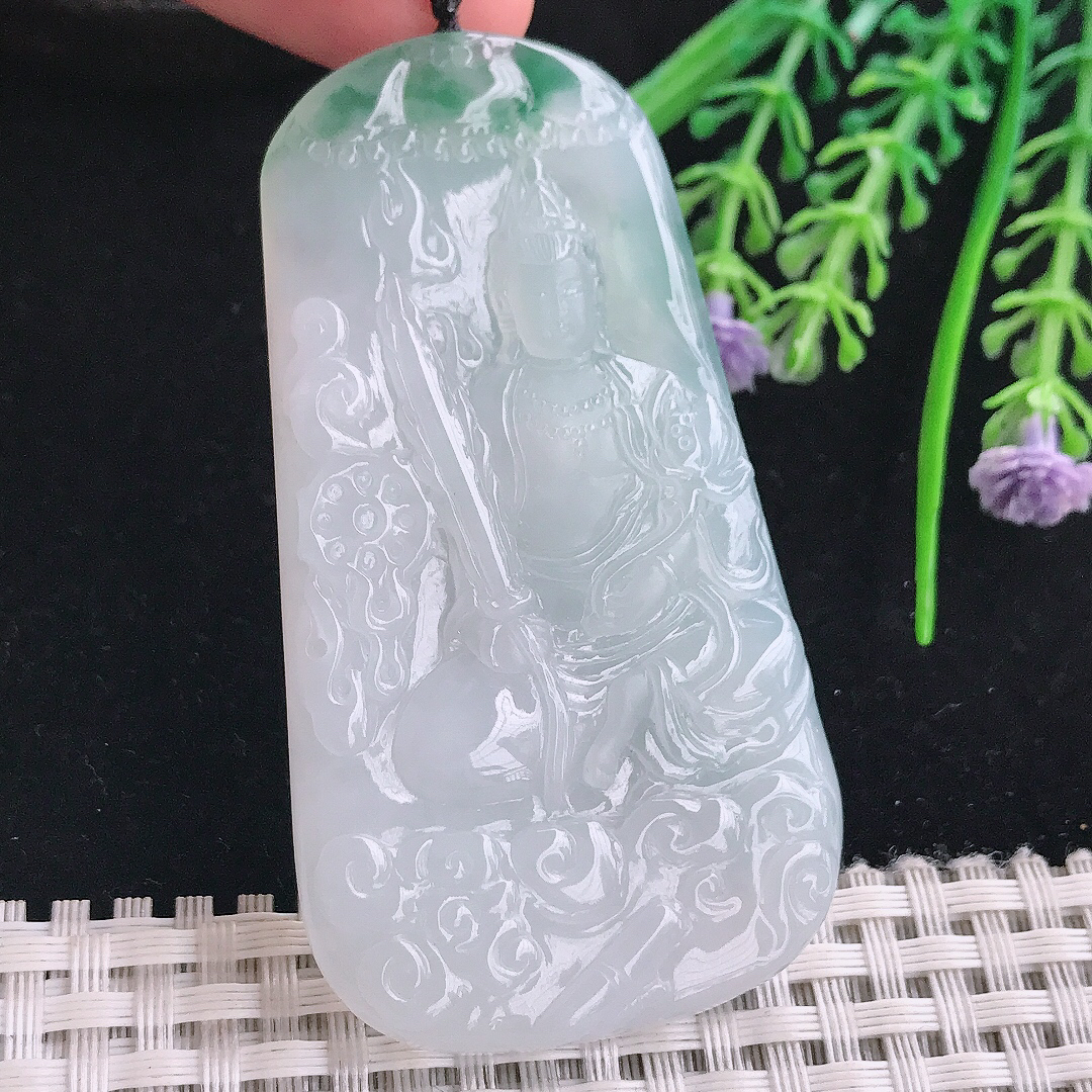 实拍A货翡翠67.5/37.5/5.5老坑冰胶水灵飘花虚空藏菩萨吊坠翡翠玉挂件