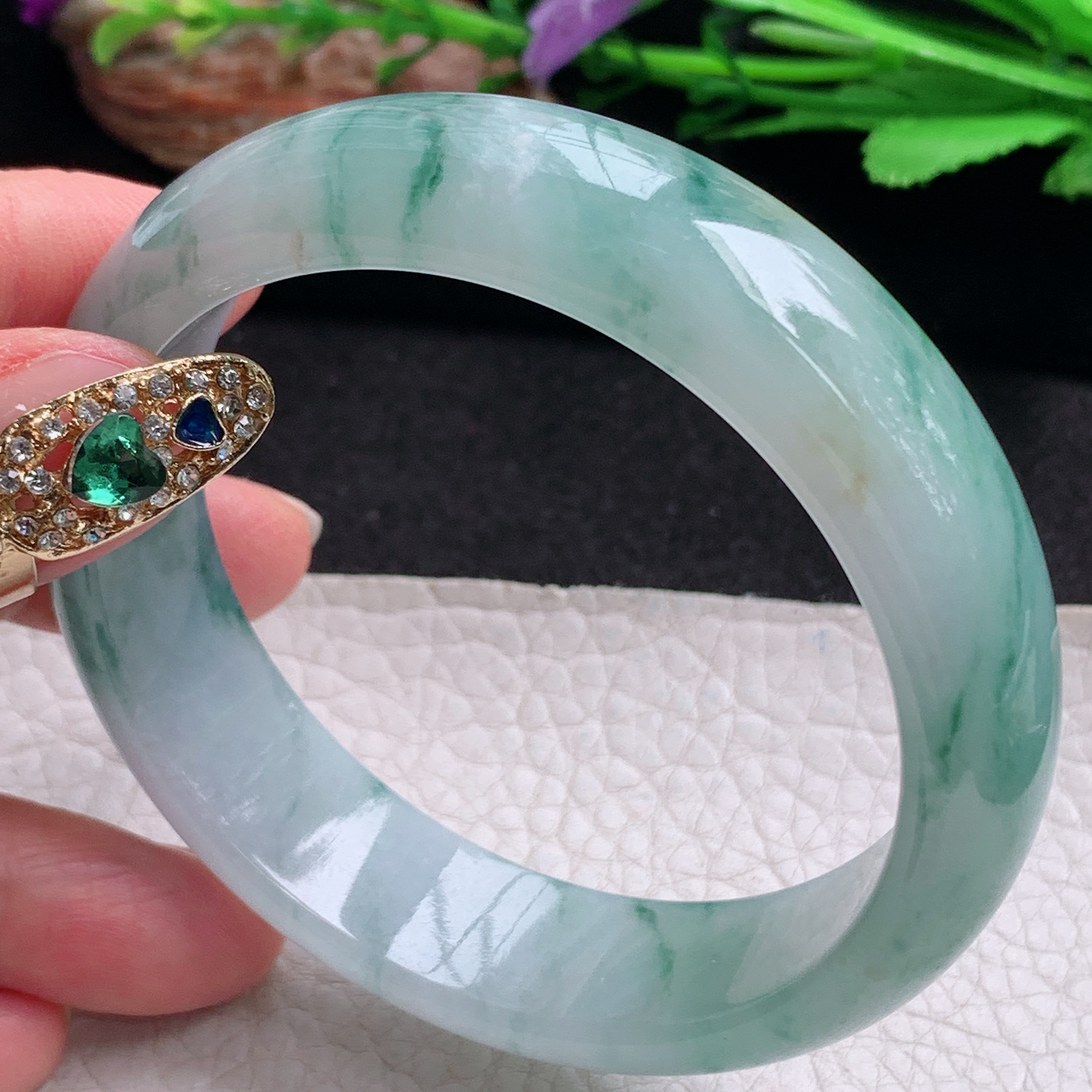 ax实拍59*16*8轮胎镯 天然翡翠a货手镯冰飘花大气正圈玉镯子