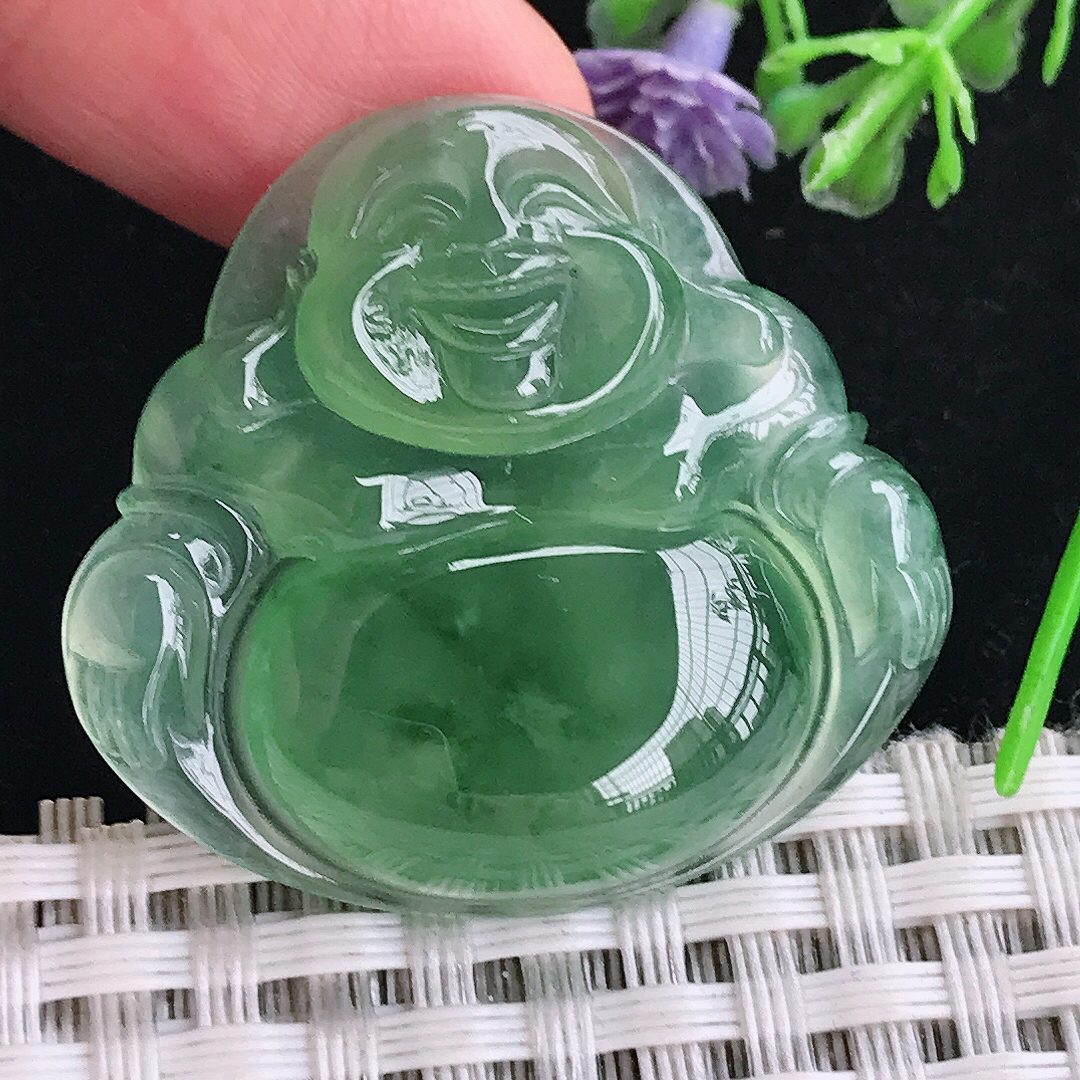 实拍A货翡翠32.8/35.3/6.8老坑冰种果冻胶满绿佛公吊坠翡翠玉佛挂件