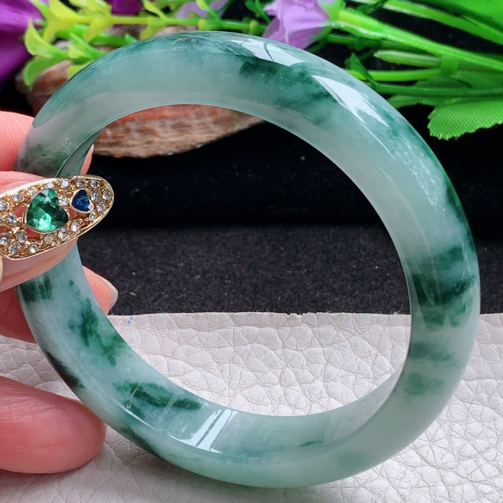 js实拍56.5*12*8平安镯 天然翡翠a货手镯冰飘花灵动正圈玉镯子