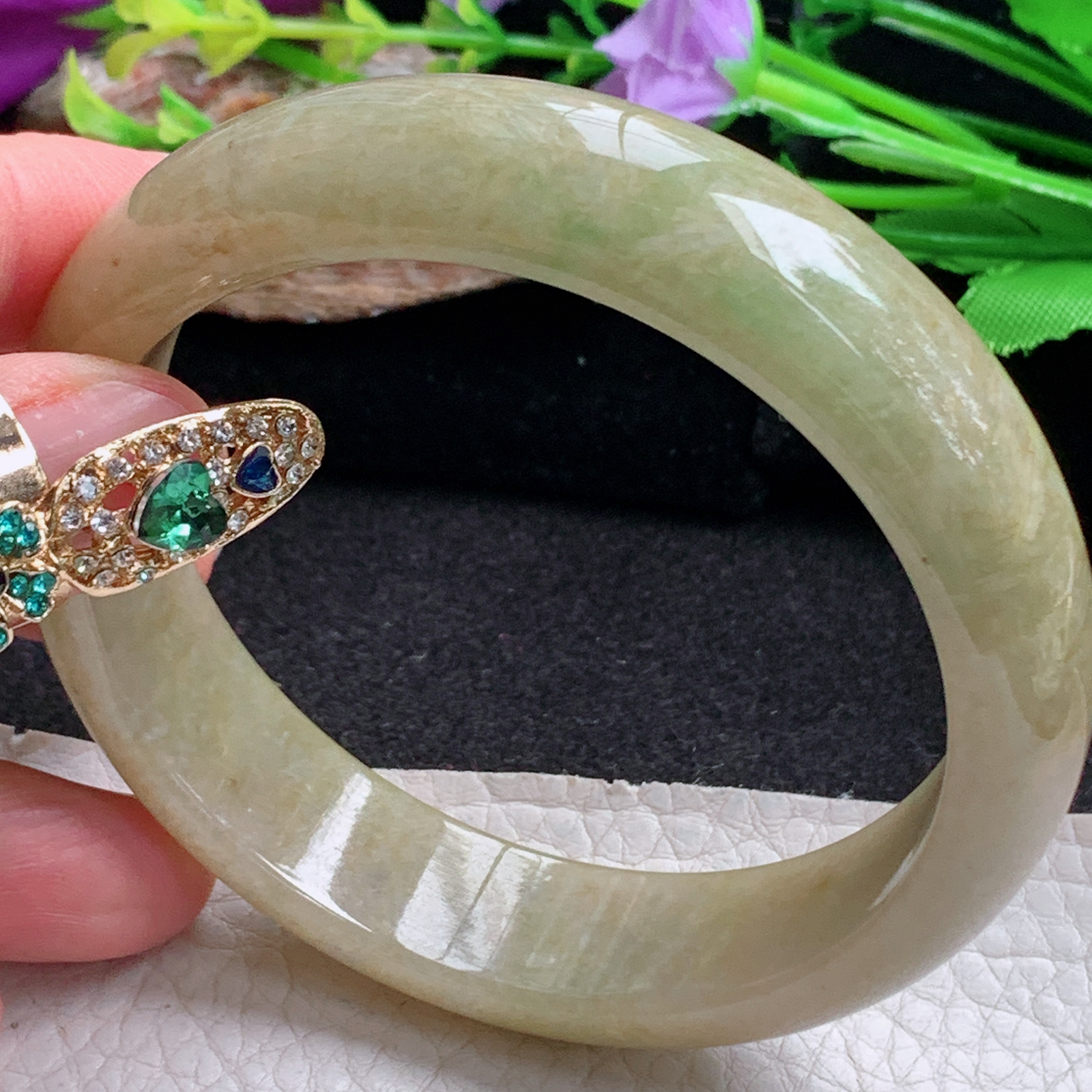 n大圈口61*15.5*8平安镯 天然翡翠a货手镯黄加绿正圈玉镯子