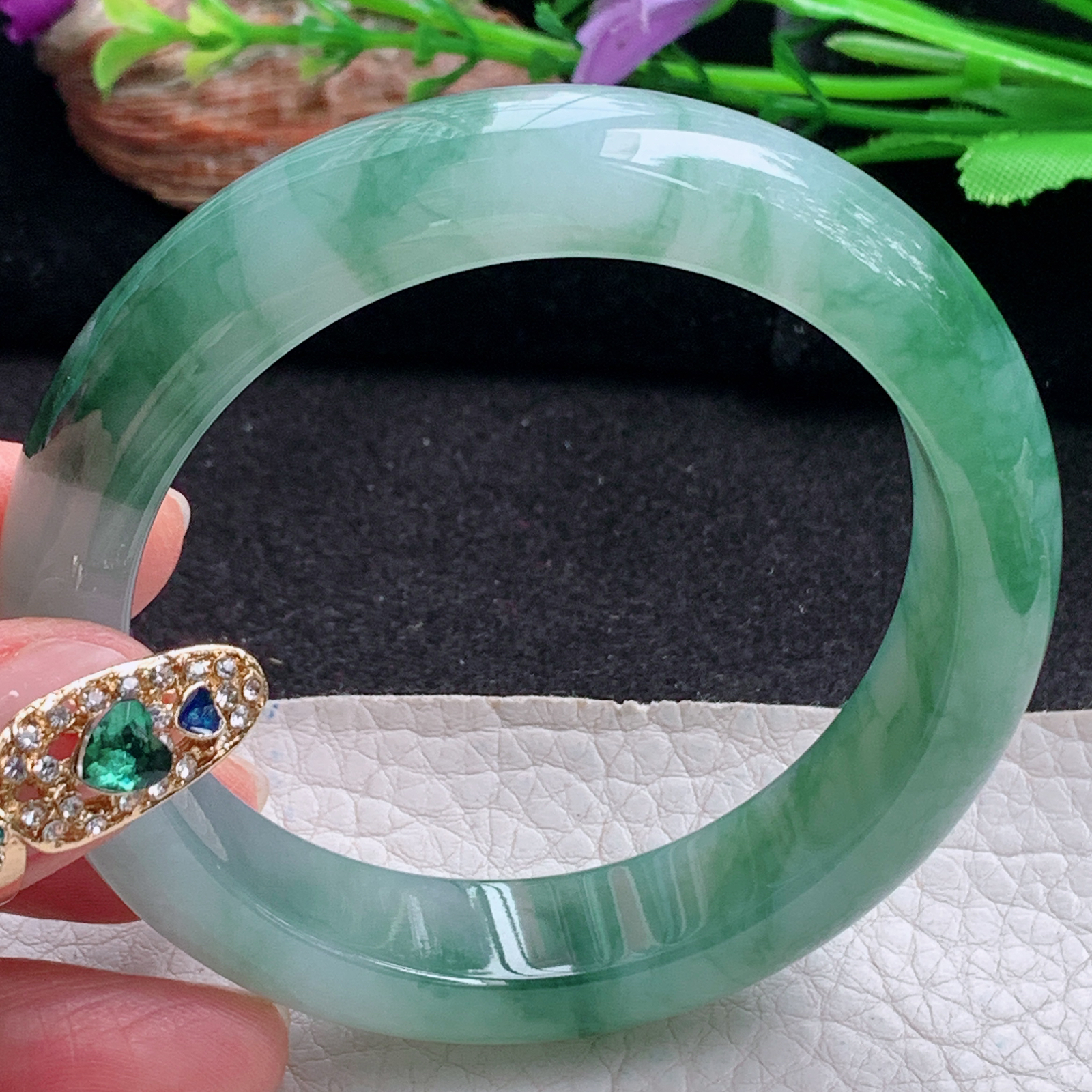 ax实拍56*13.8*8.6平安镯 天然翡翠a货手镯冰飘花厚装大气正圈玉镯子