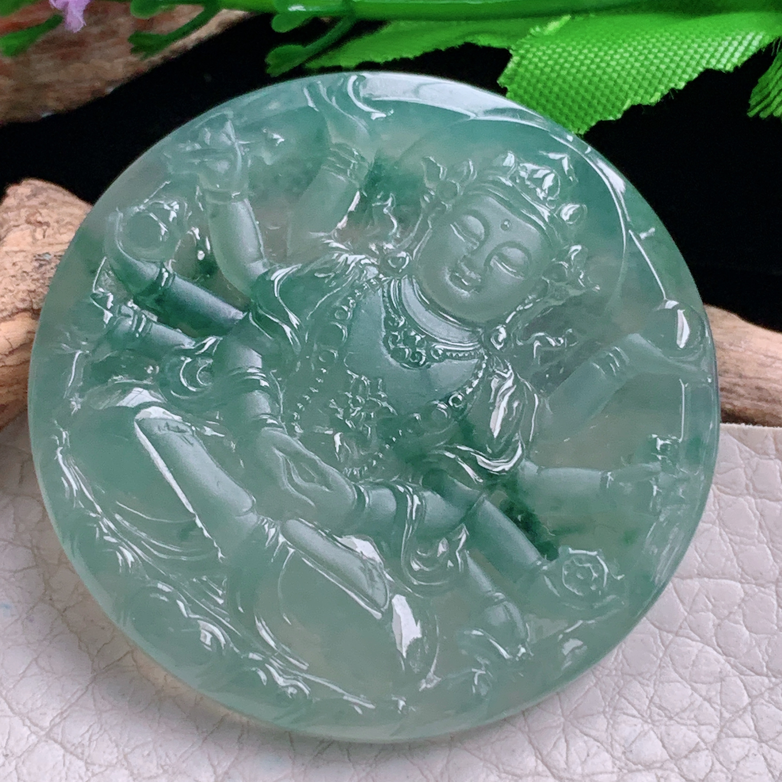 ktj实拍49.8*5.6天然缅甸翡翠冰飘花千手观音 玉观音圆牌玉吊坠 玉挂件