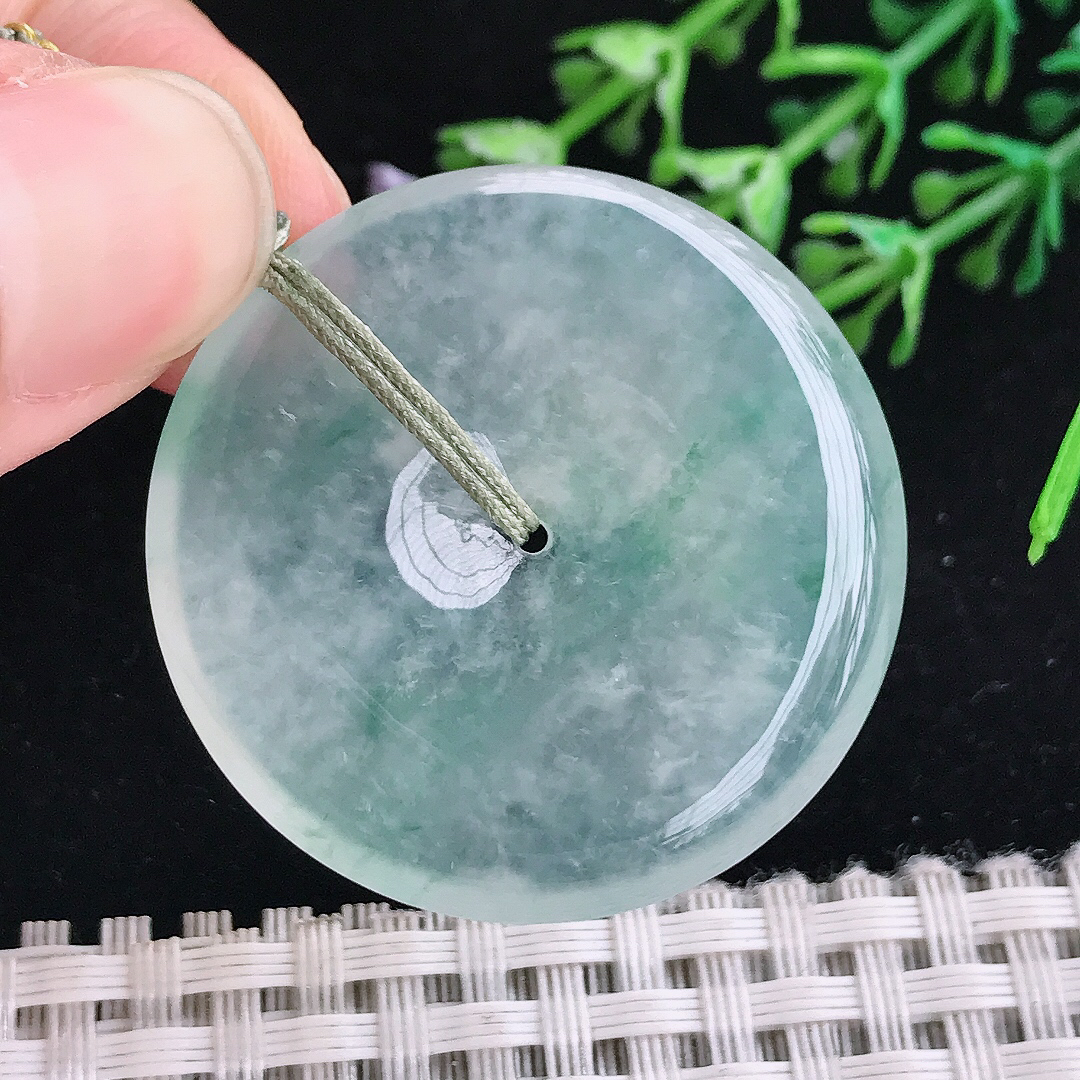 实拍A货翡翠35.5/5.9老坑冰种果冻胶冰飘花平安扣吊坠翡翠玉挂件