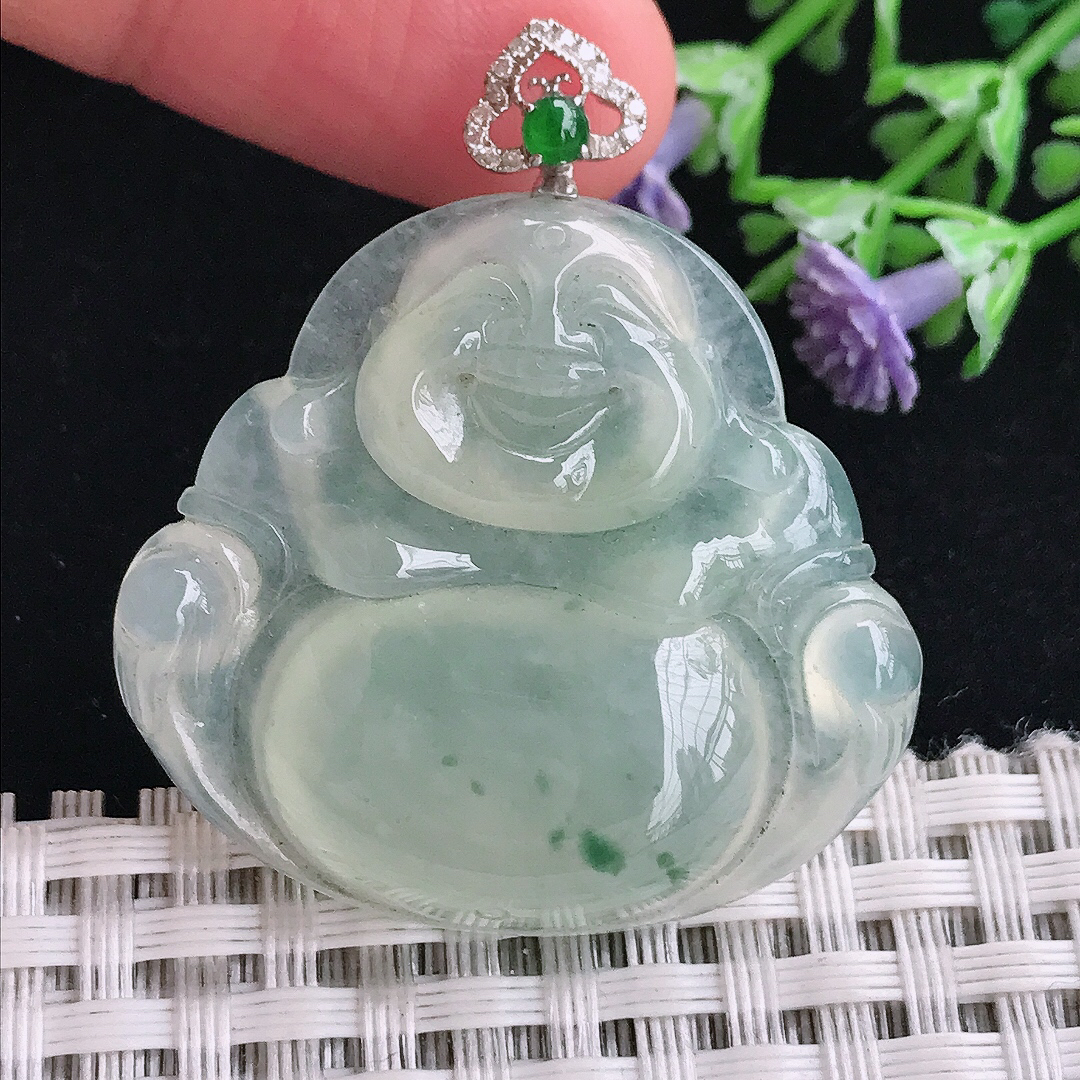 实拍A货翡翠34/36.6/6.6老坑18k金镶嵌冰晴飘花佛公吊坠翡翠玉挂件