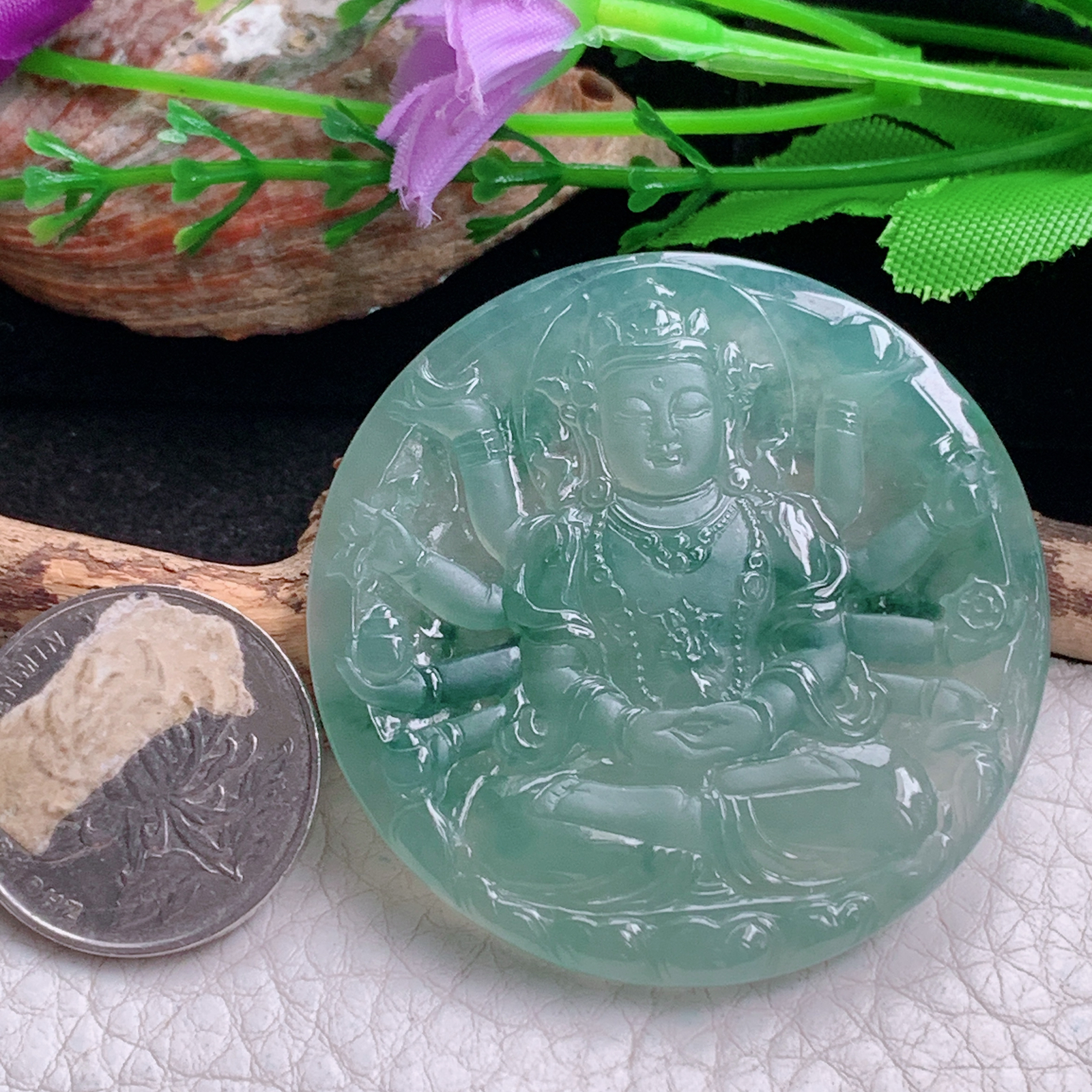 ktj实拍49.8*5.6天然缅甸翡翠冰飘花千手观音 玉观音圆牌玉吊坠 玉挂件