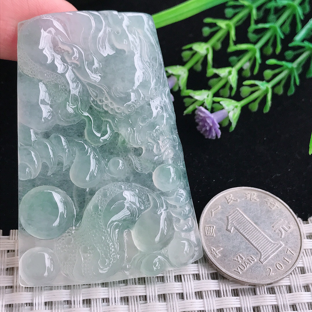 实拍A货翡翠60/41/5.5老坑冰种起胶冰晴底龙牌吊坠翡翠玉挂件