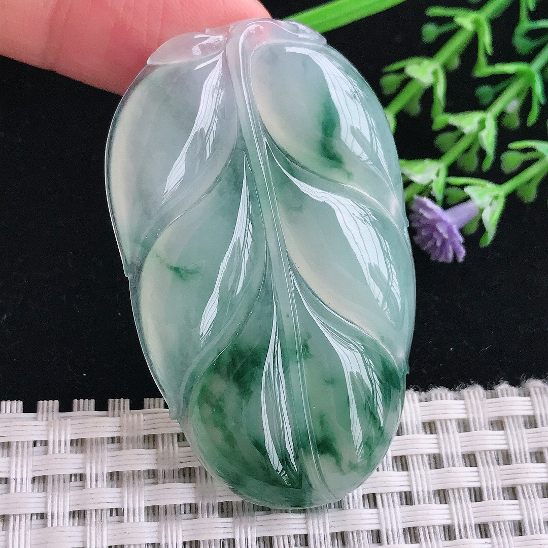 实拍A货翡翠54.8/33.5/6.2老坑冰润果冻胶冰飘花大叶子吊坠翡翠玉挂件