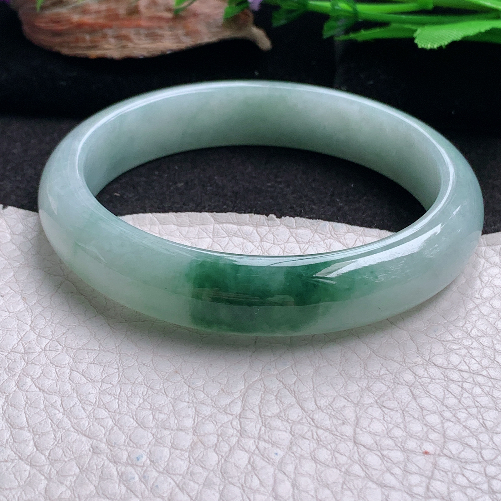 yh大圈口63*13.3*8平安镯 天然翡翠a货手镯冰飘花正圈大气玉镯子