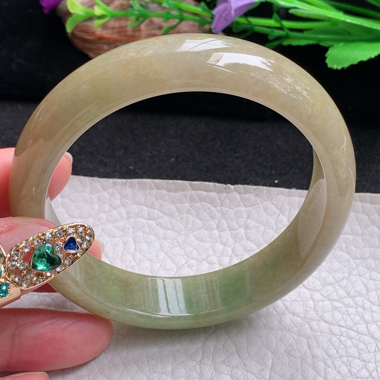 n大圈口61*15.5*8平安镯 天然翡翠a货手镯黄加绿正圈玉镯子