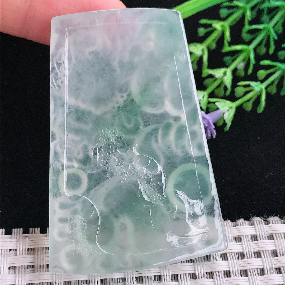 实拍A货翡翠60/41/5.5老坑冰种起胶冰晴底龙牌吊坠翡翠玉挂件