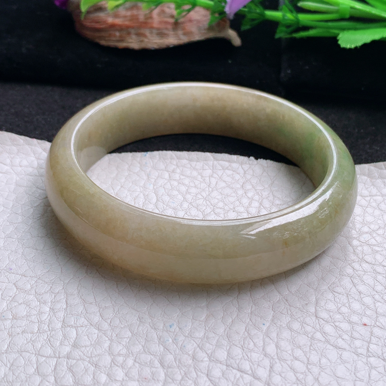 n大圈口61*15.5*8平安镯 天然翡翠a货手镯黄加绿正圈玉镯子