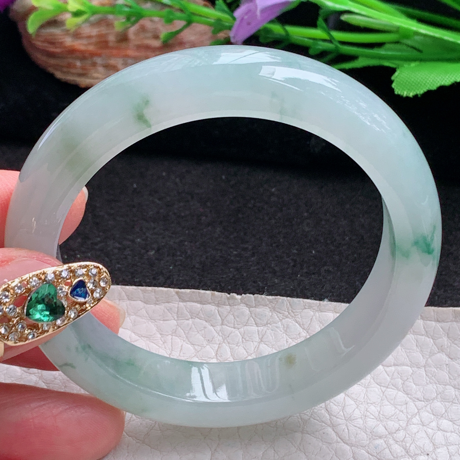 ax实拍54*12.3*8.3平安镯 天然翡翠a货手镯冰飘花厚装大气正圈玉镯子