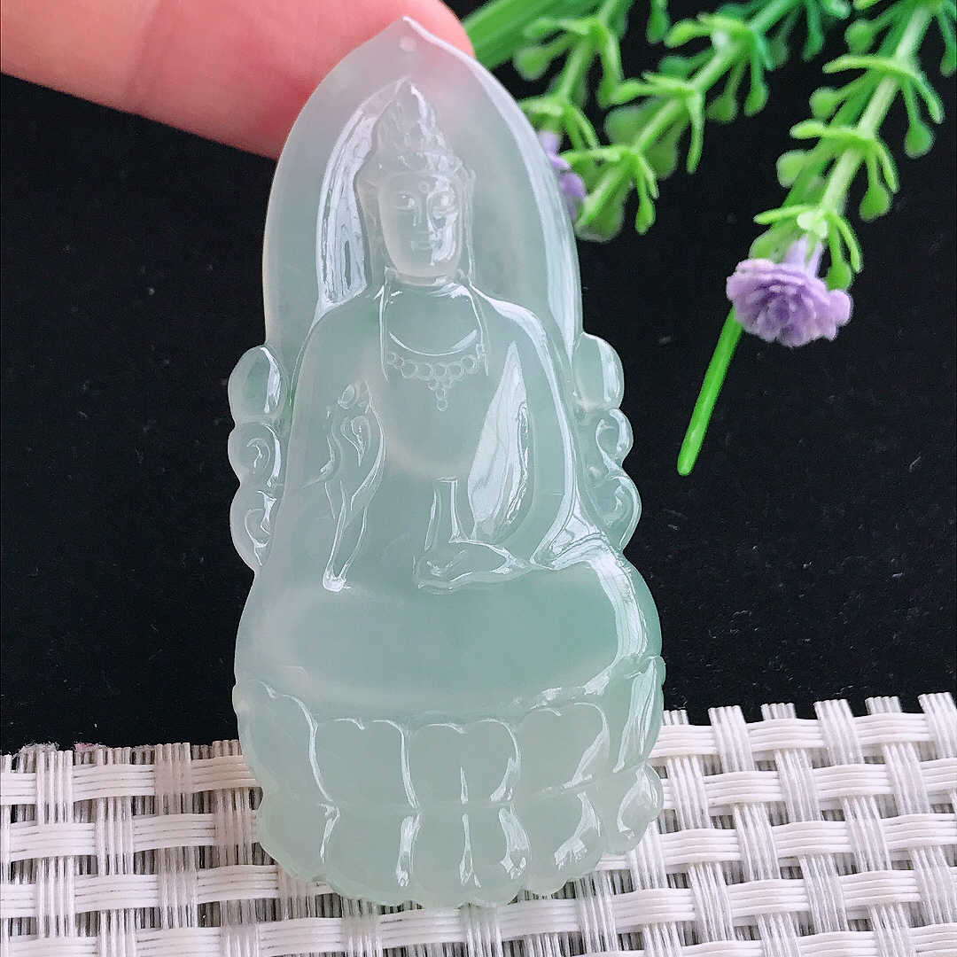 实拍A货翡翠65/30.8/5.3老坑冰胶冰晴绿素衣观音吊坠翡翠玉挂件