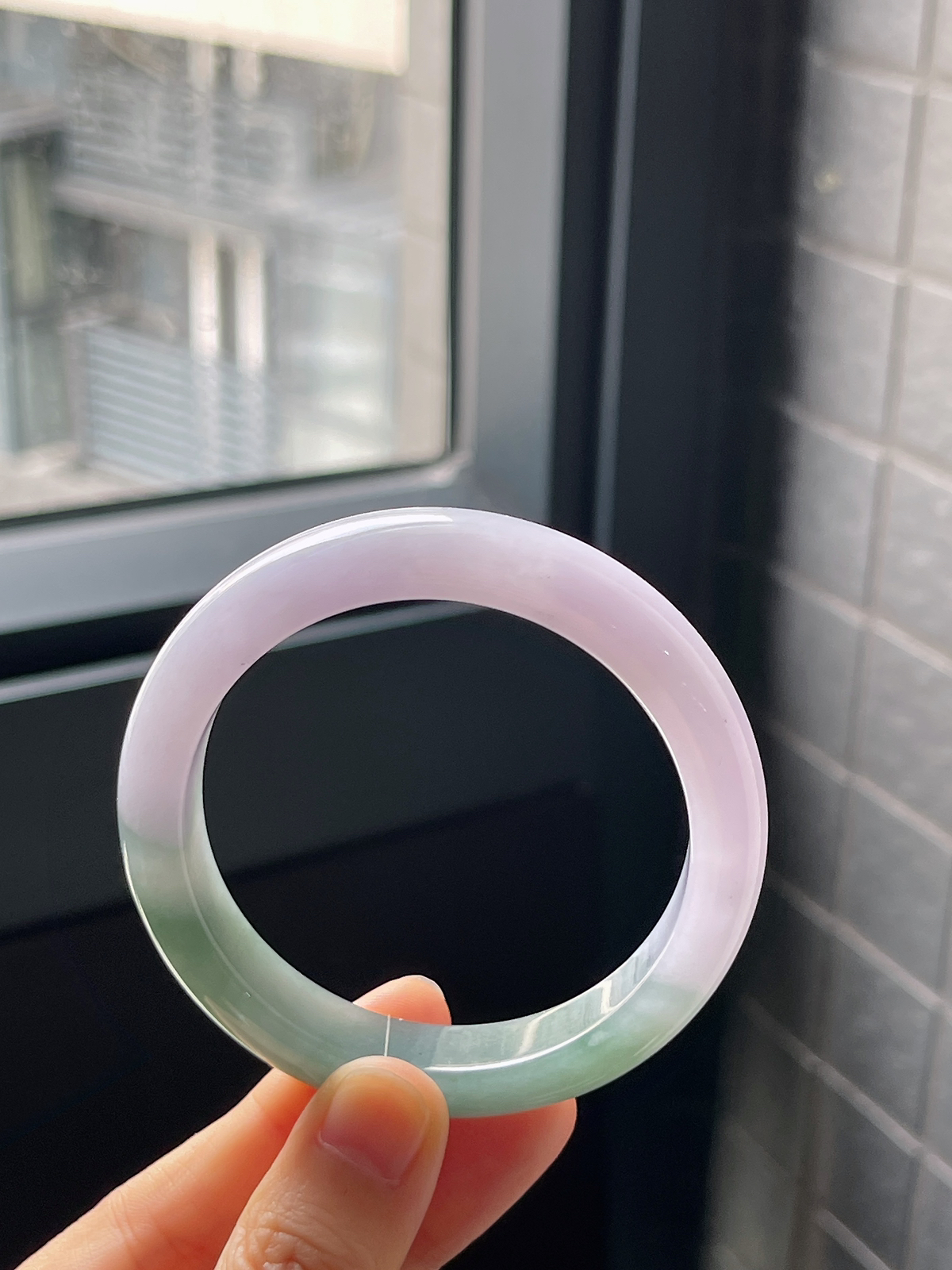 正圈53.4圈口，翡翠冰糯种灰绿色春带彩手镯