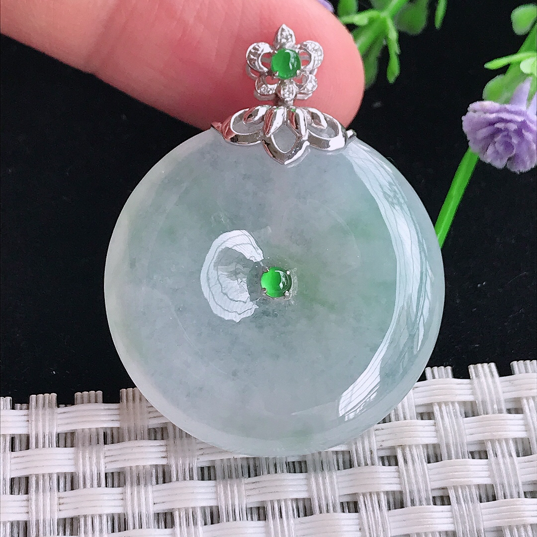 实拍A货翡翠30.8/6老坑18k金镶嵌冰飘花平安扣吊坠翡翠玉扣挂件