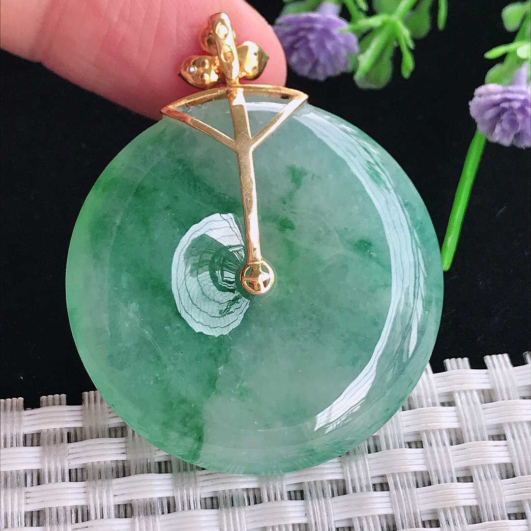 实拍A货翡翠36.8/7老坑18k金镶嵌冰阳绿飘阳绿了平安扣吊坠翡翠玉扣