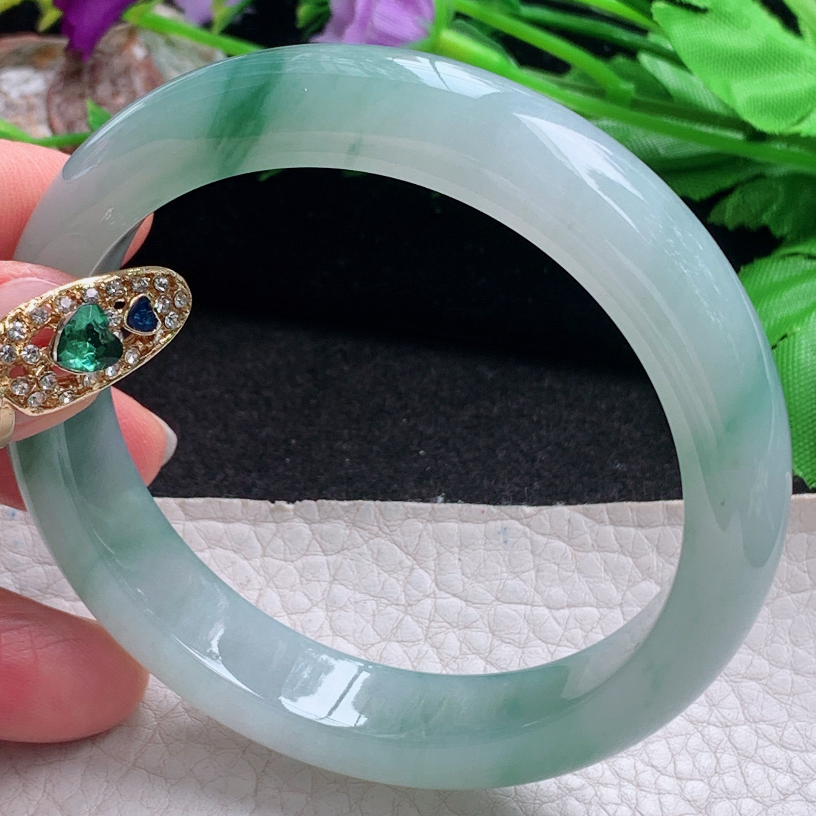 fx飘逸款58.5*12.3*8.2平安镯 天然缅甸翡翠a货手镯冰胶飘花正圈玉镯子