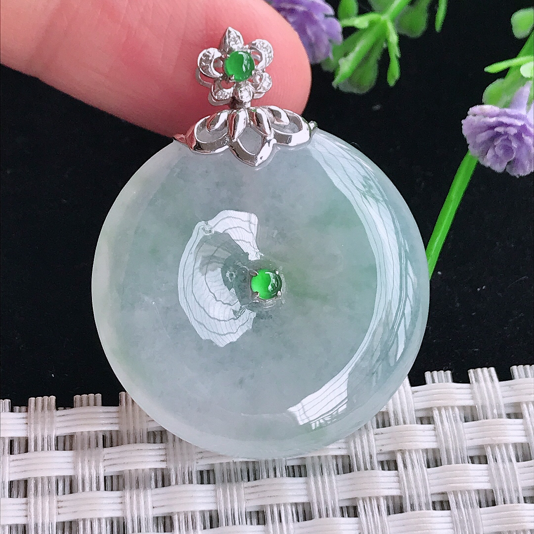实拍A货翡翠30.8/6老坑18k金镶嵌冰飘花平安扣吊坠翡翠玉扣挂件