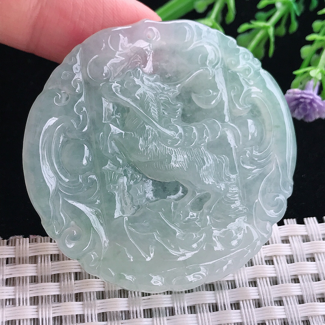 实拍A货翡翠51/51.8/5.8老坑冰透起胶冰晴绿马上有钱生肖马牌吊坠