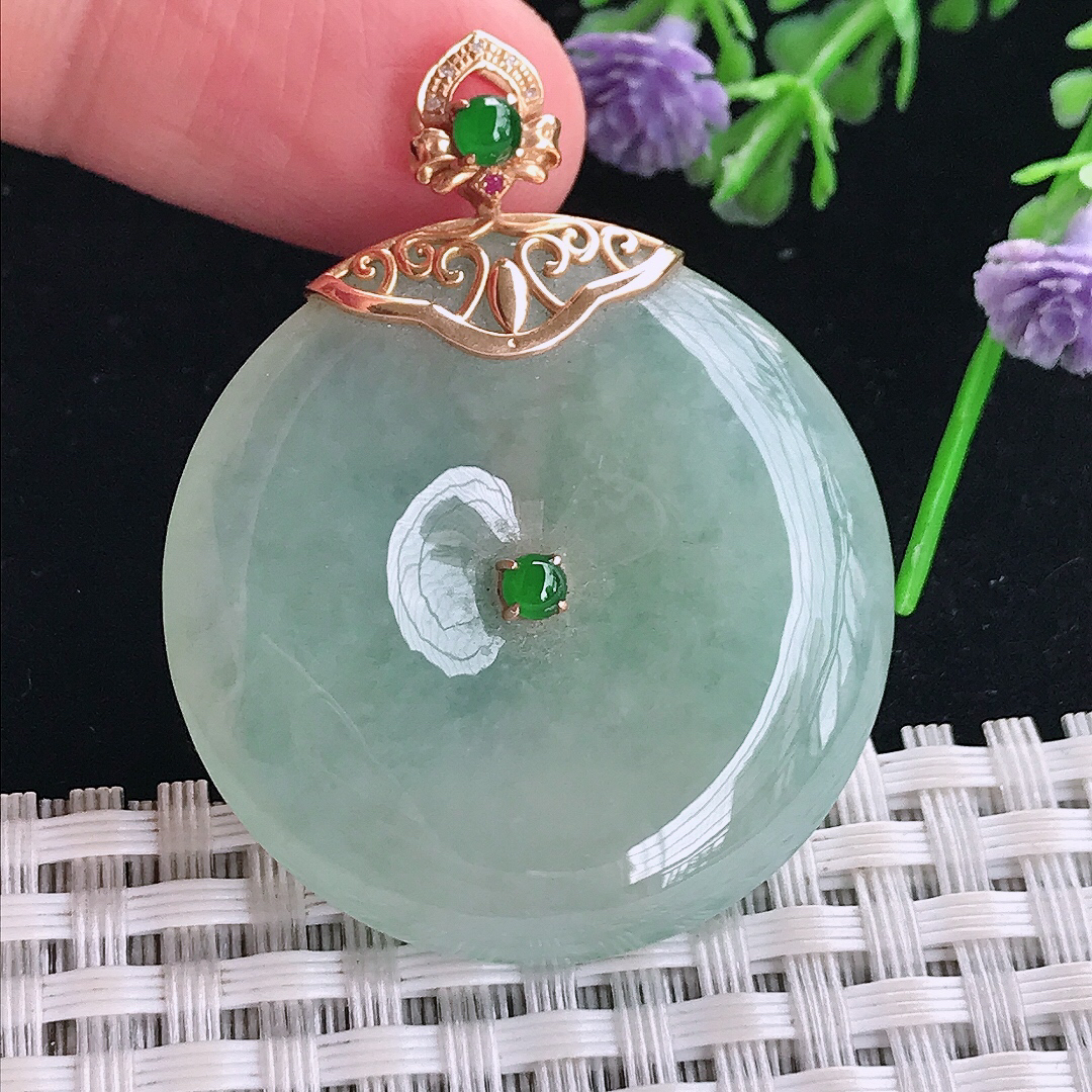 实拍A货翡翠35/6.5老坑18k金镶嵌冰晴绿平安扣吊坠翡翠玉扣挂件