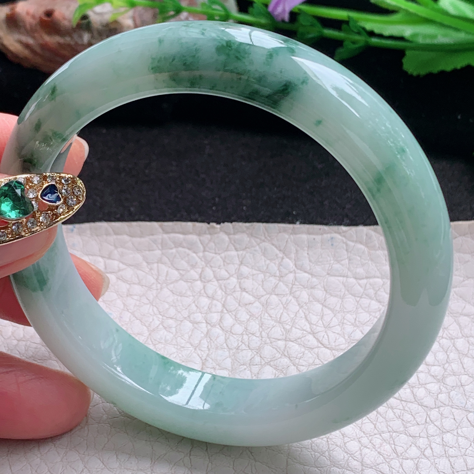 ym实拍57*12.6*8.8平安镯 天然缅甸翡翠a货手镯冰飘花正圈玉镯子