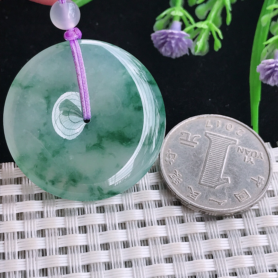 实拍A货翡翠34.3/5.6老坑冰胶水灵冰飘花平安扣吊坠翡翠玉挂件