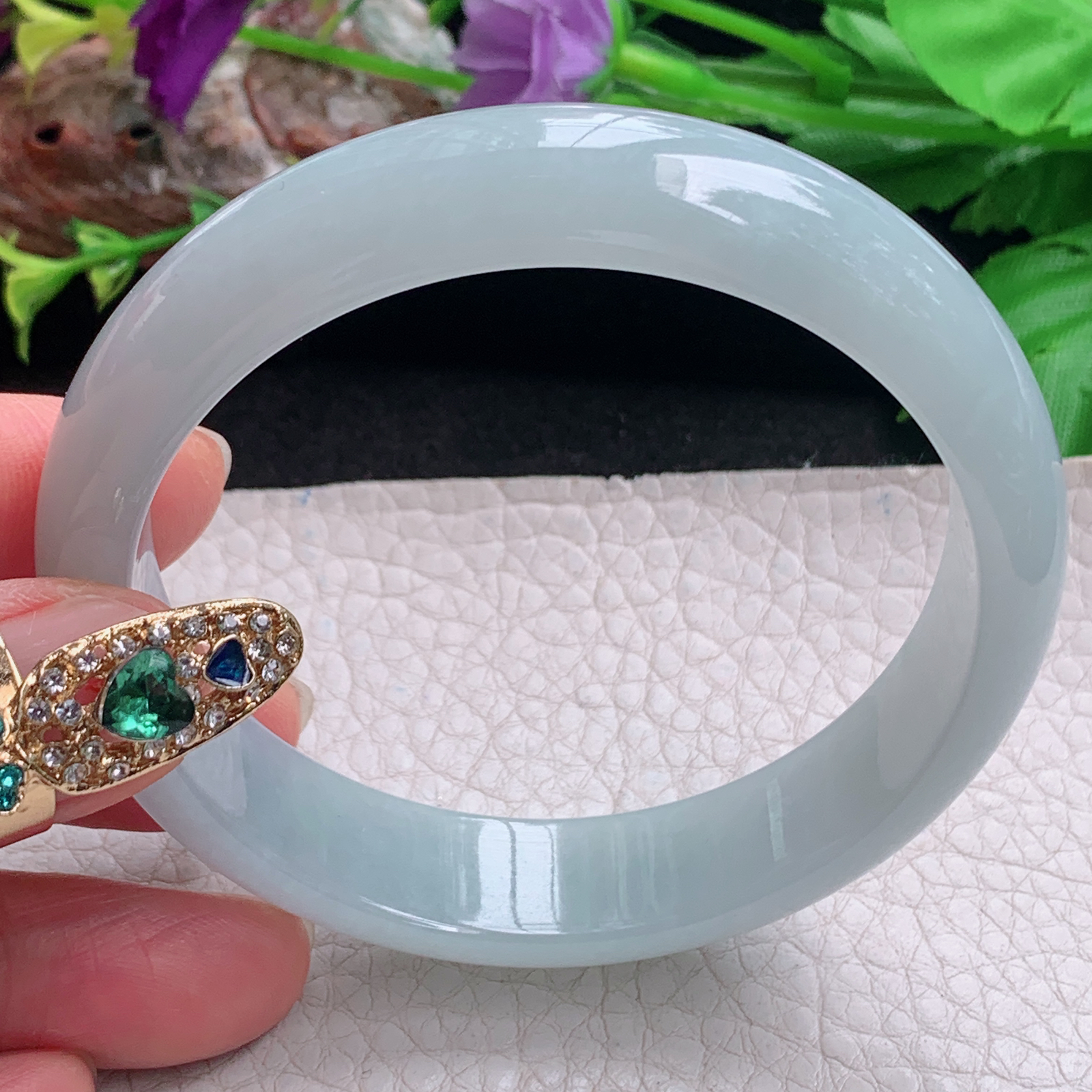 nr实拍58*14*7.6平安镯 天然缅甸翡翠a货手镯冰润浅绿正圈玉镯子