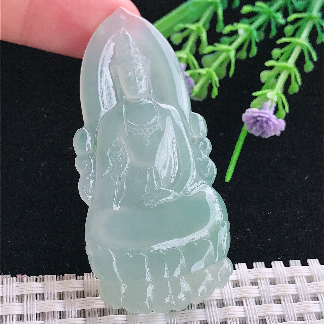 实拍A货翡翠65/30.8/5.3老坑冰胶冰晴绿素衣观音吊坠翡翠玉挂件