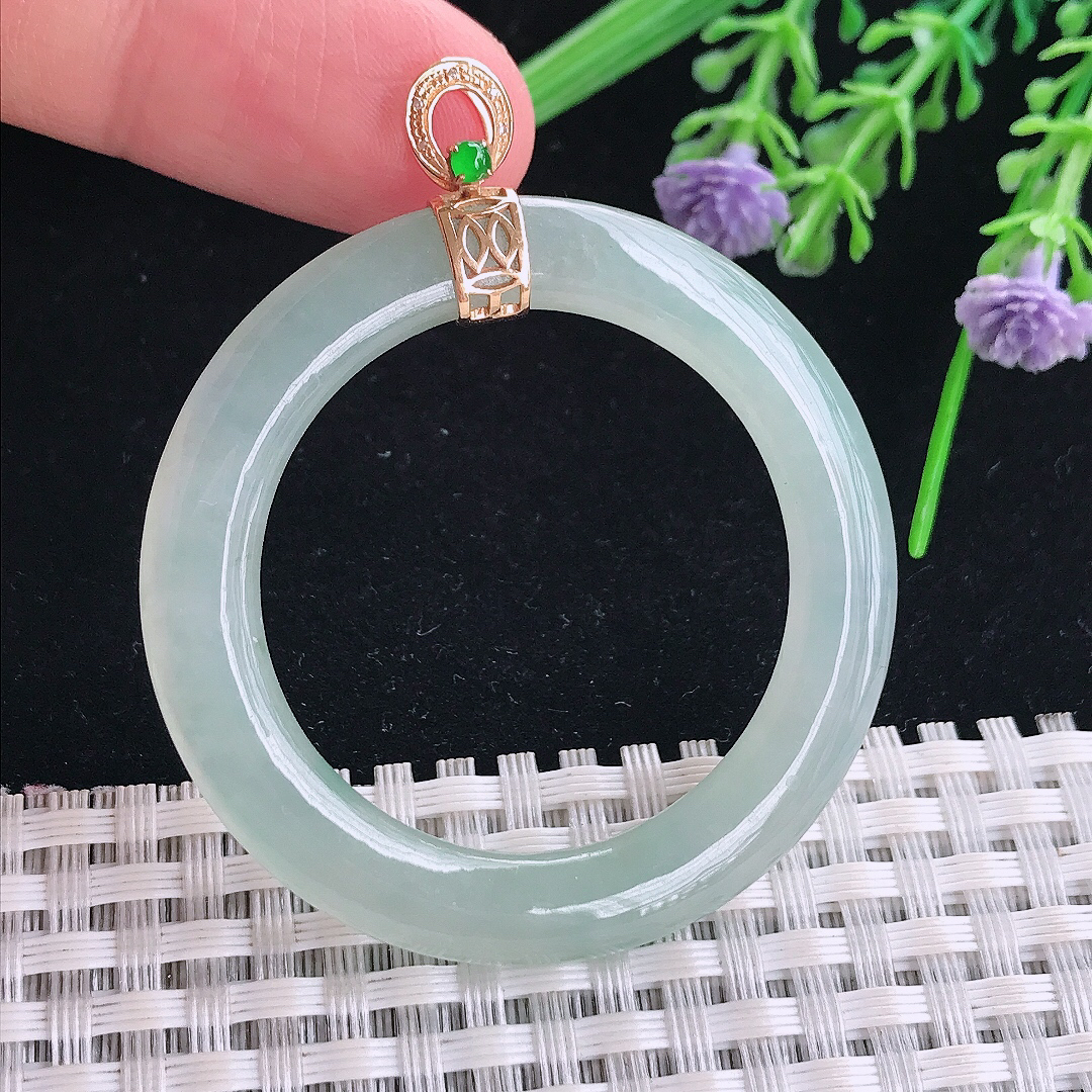 实拍A货翡翠47/4.9老坑18k金镶嵌冰晴玉环吊坠翡翠平安环挂件