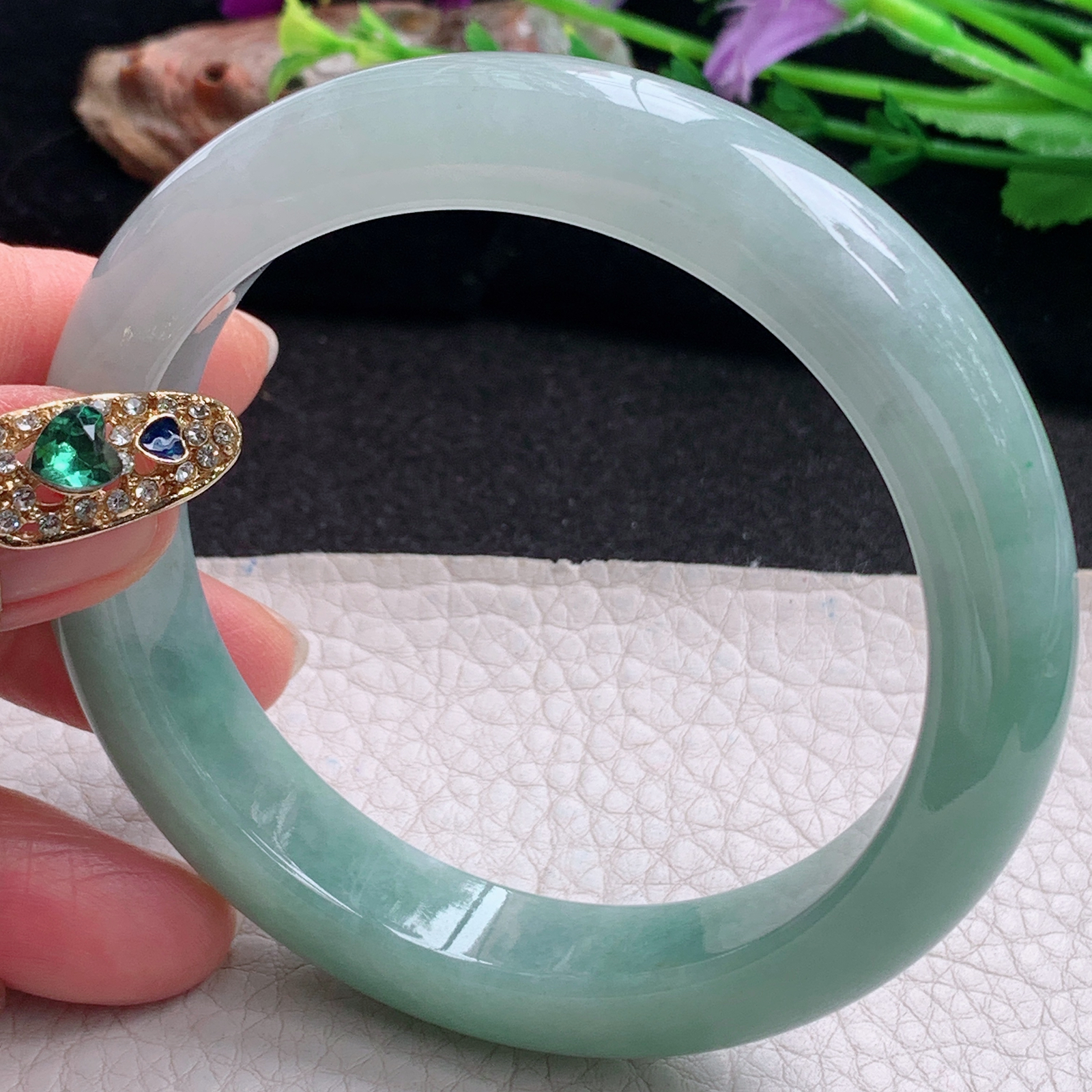 ym实拍59.5*12.5*9.2招财镯 天然缅甸翡翠a货手镯半山水正圈玉镯子