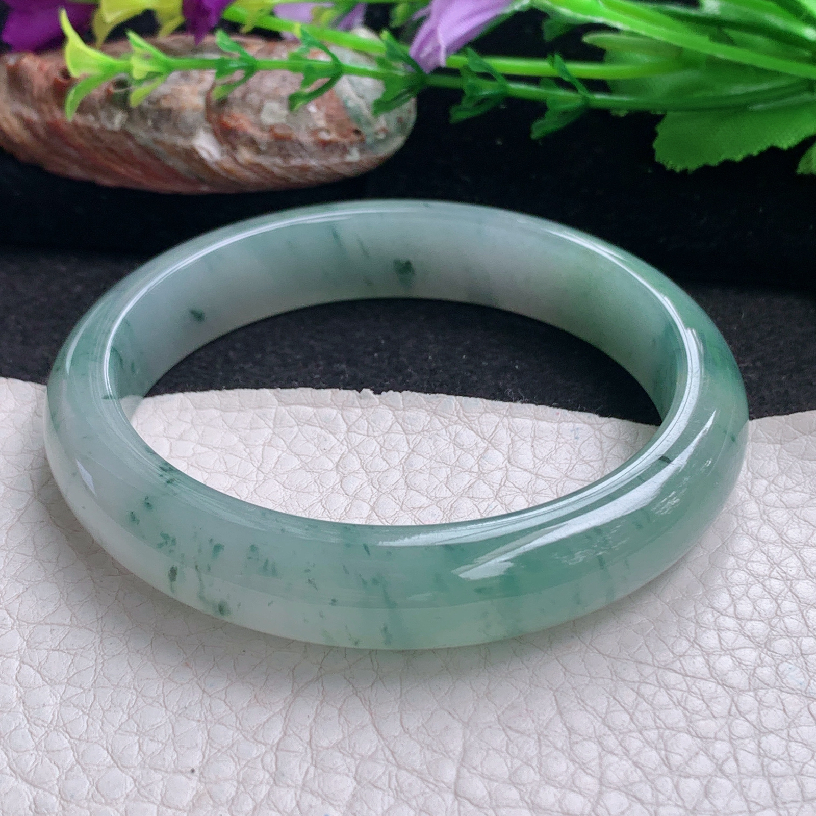 ax大圈口61*12.6*8.5平安镯 天然翡翠a货手镯冰飘花大气正圈玉镯子