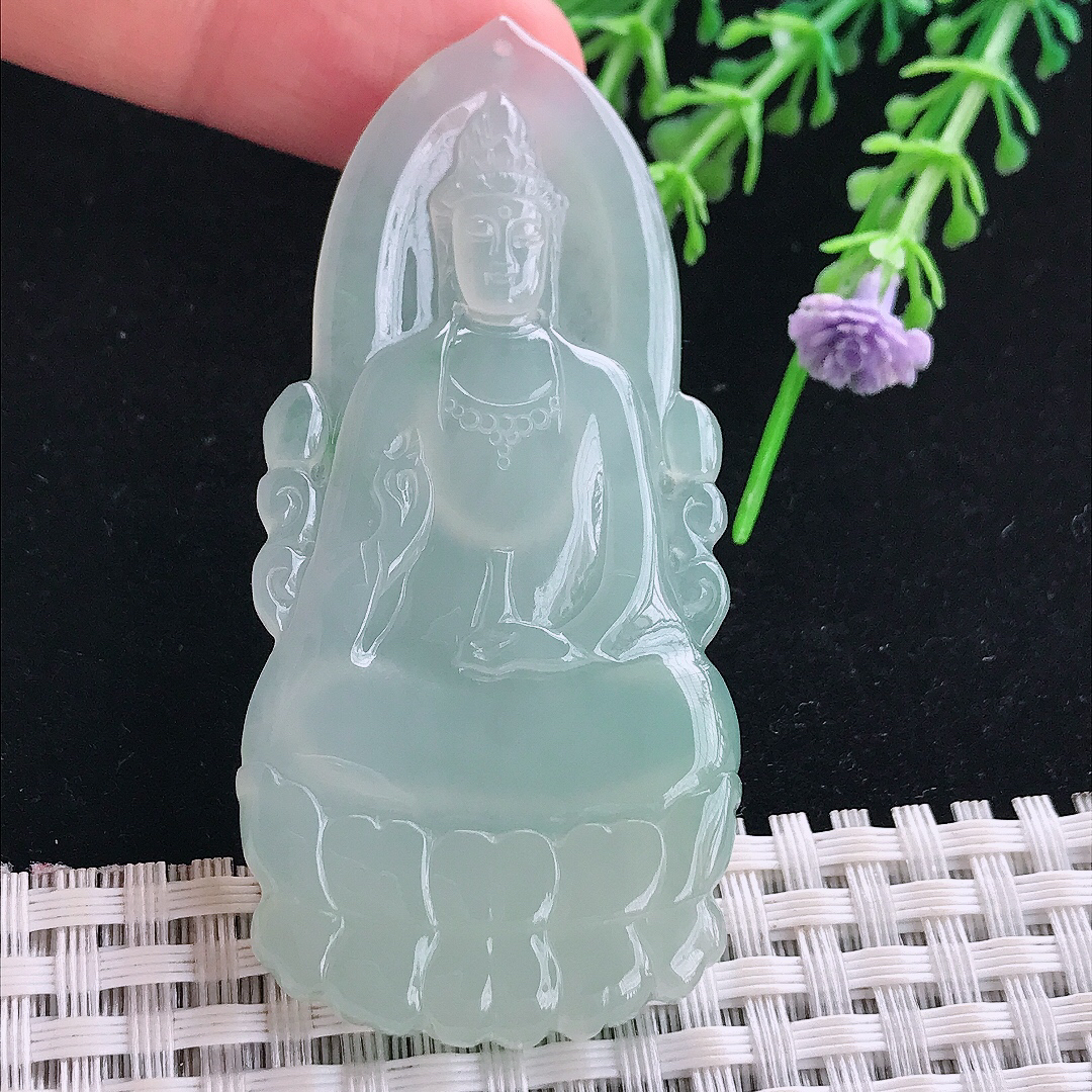 实拍A货翡翠65/30.8/5.3老坑冰胶冰晴绿素衣观音吊坠翡翠玉挂件