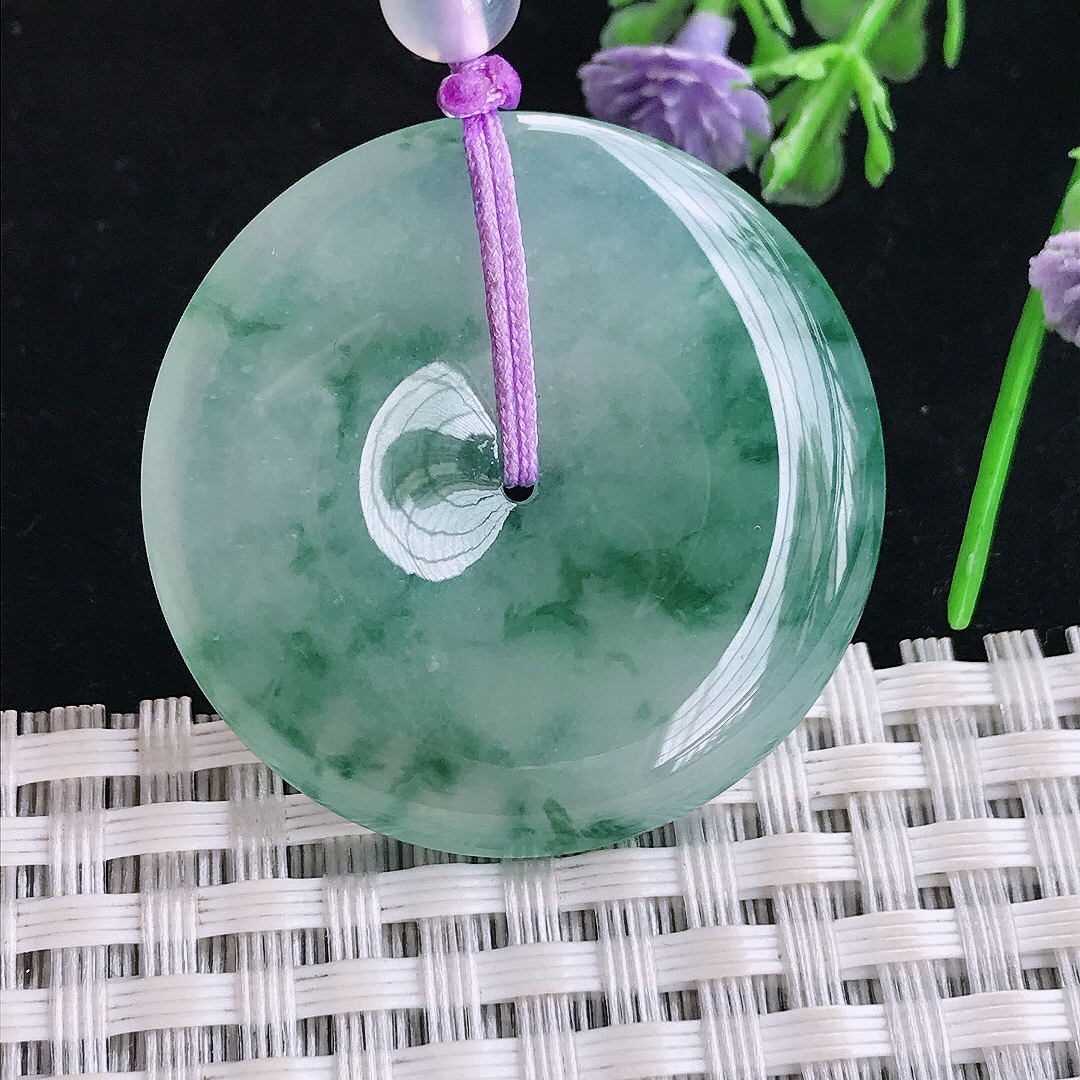 实拍A货翡翠34.3/5.6老坑冰胶水灵冰飘花平安扣吊坠翡翠玉挂件