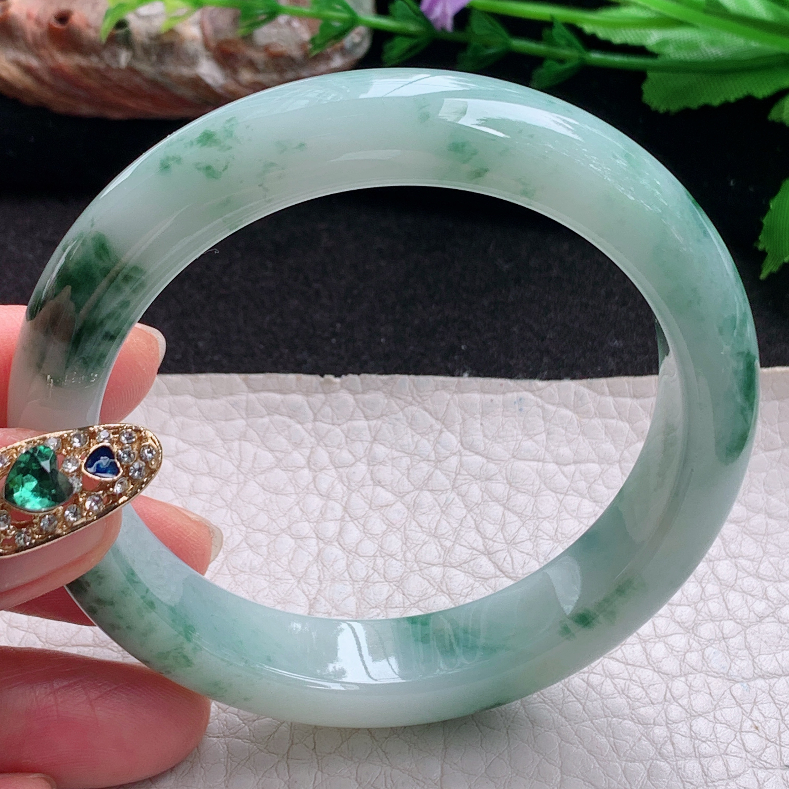 ym实拍57*12.6*8.8平安镯 天然缅甸翡翠a货手镯冰飘花正圈玉镯子