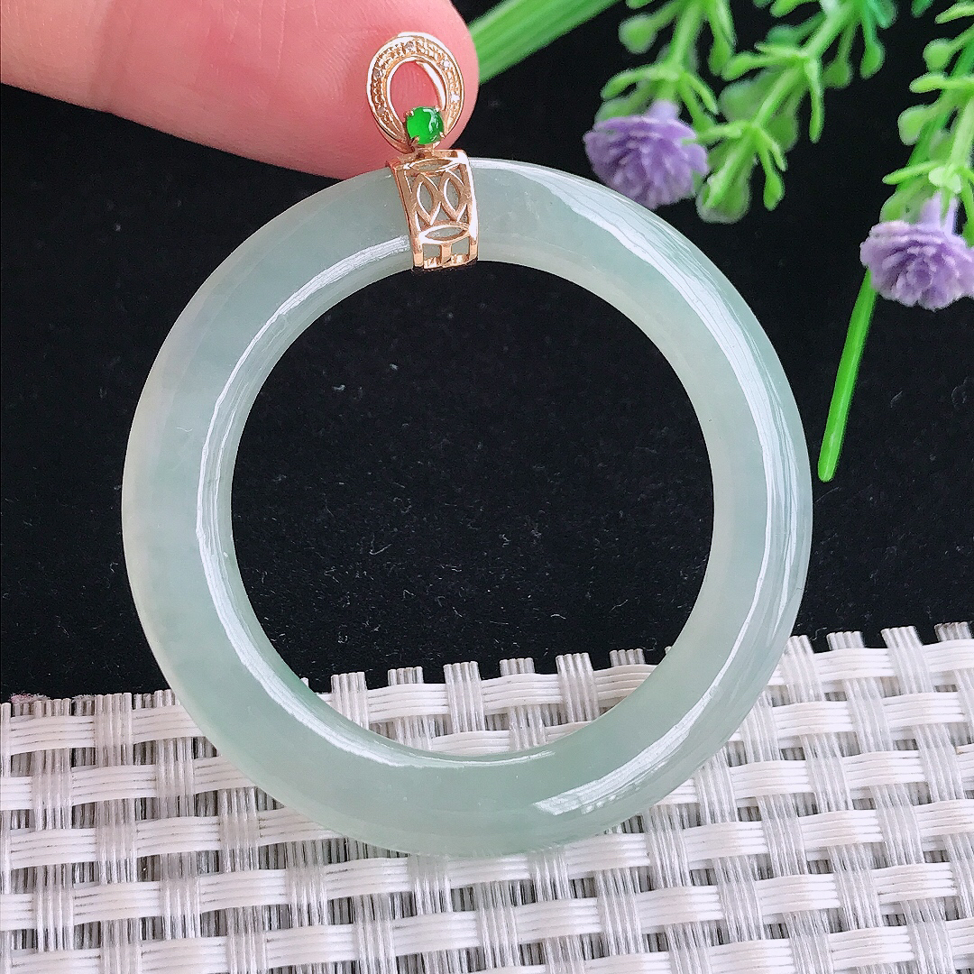 实拍A货翡翠47/4.9老坑18k金镶嵌冰晴玉环吊坠翡翠平安环挂件