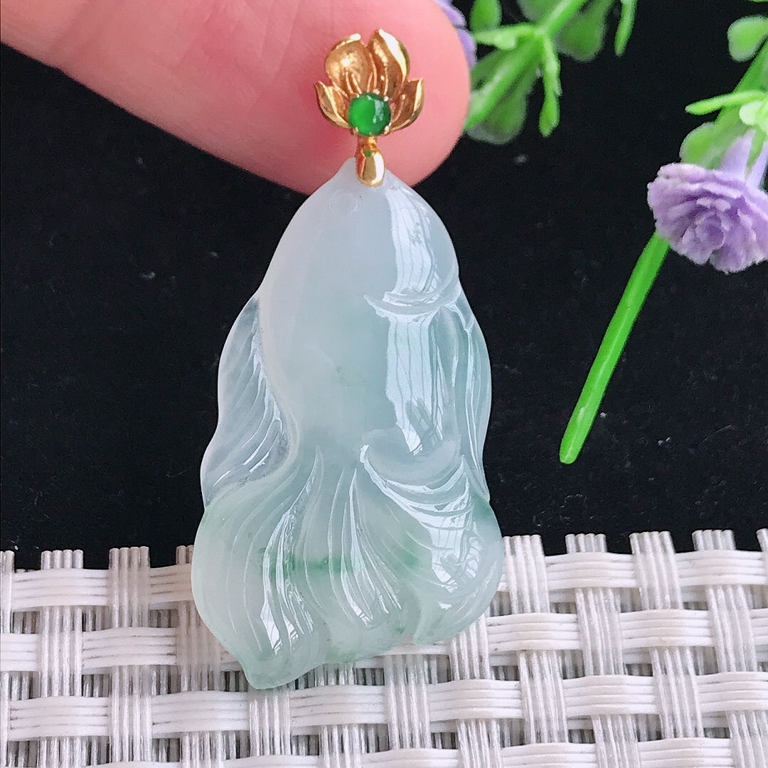 实拍A货翡翠31/19/5老坑18k金镶嵌冰胶飘花金鱼吊坠翡翠玉招财鱼挂件