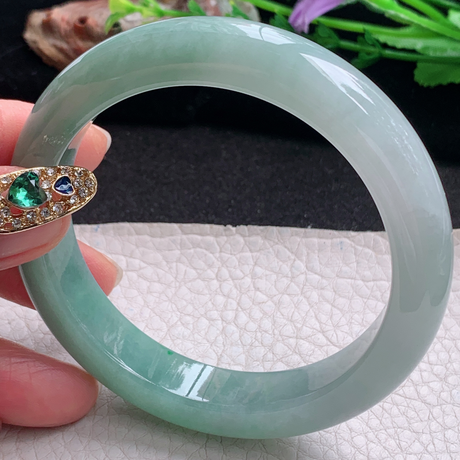 ym实拍59.5*12.5*9.2招财镯 天然缅甸翡翠a货手镯半山水正圈玉镯子