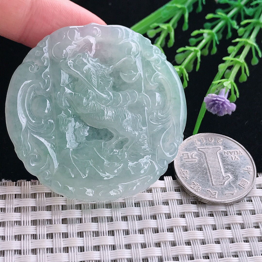 实拍A货翡翠51/51.8/5.8老坑冰透起胶冰晴绿马上有钱生肖马牌吊坠